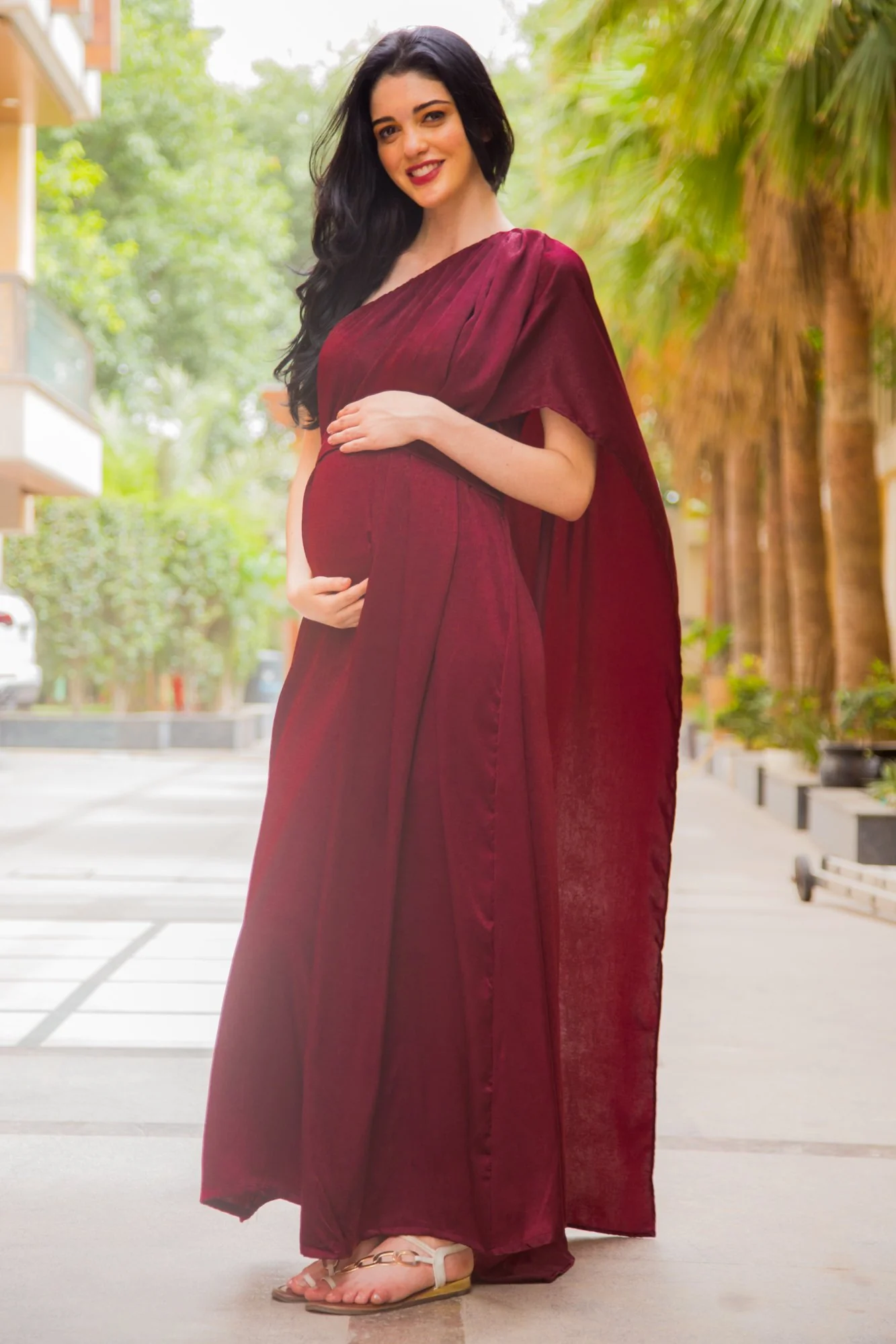 Luxe Red Berry One Shoulder Floral Maternity Gown - Chenance