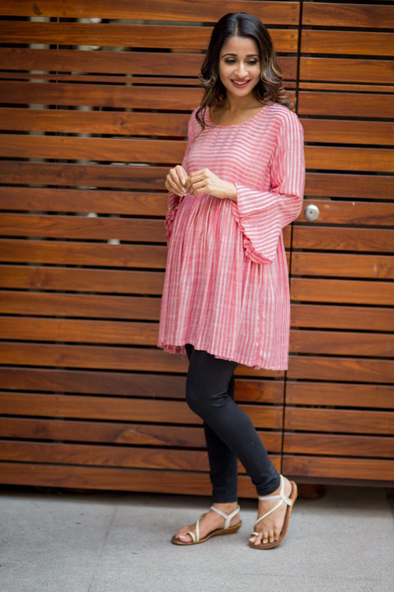 Red Striped Bell Sleeves Gathered Maternity Top - Chenance
