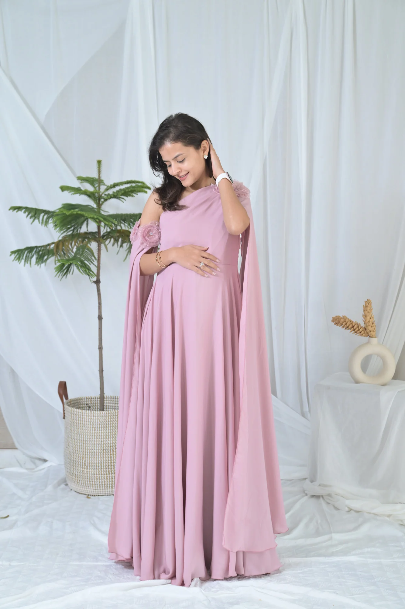 Luxe Rosewood Pink Maternity Satin Gown - Chenance