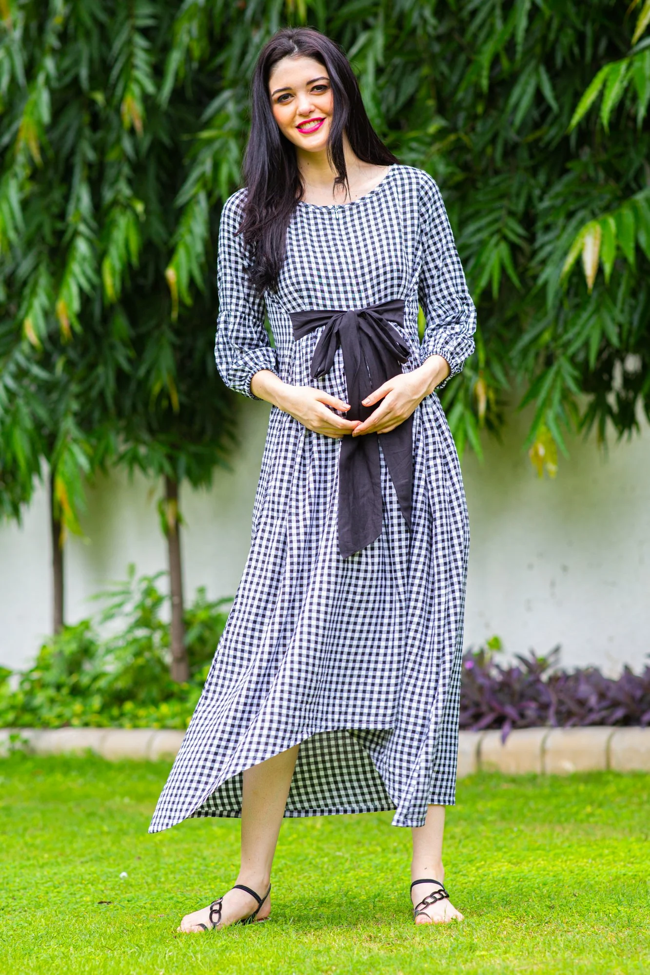 Plaid Dual Bow High-Low Maternity & Nursing Dress - Chenance