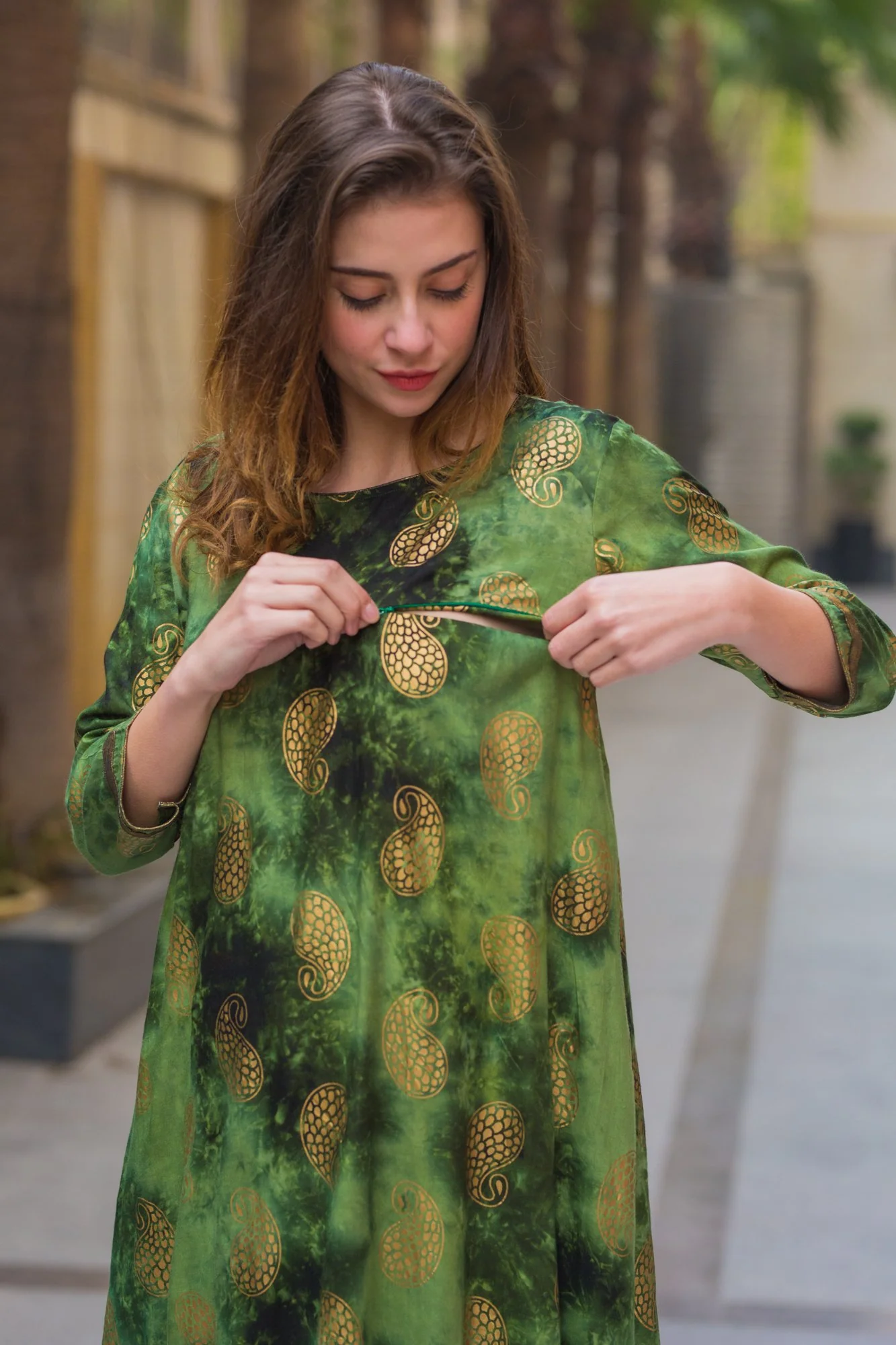 Jade Leafy Maternity & Nursing Horizontal Zip Dress - Chenance