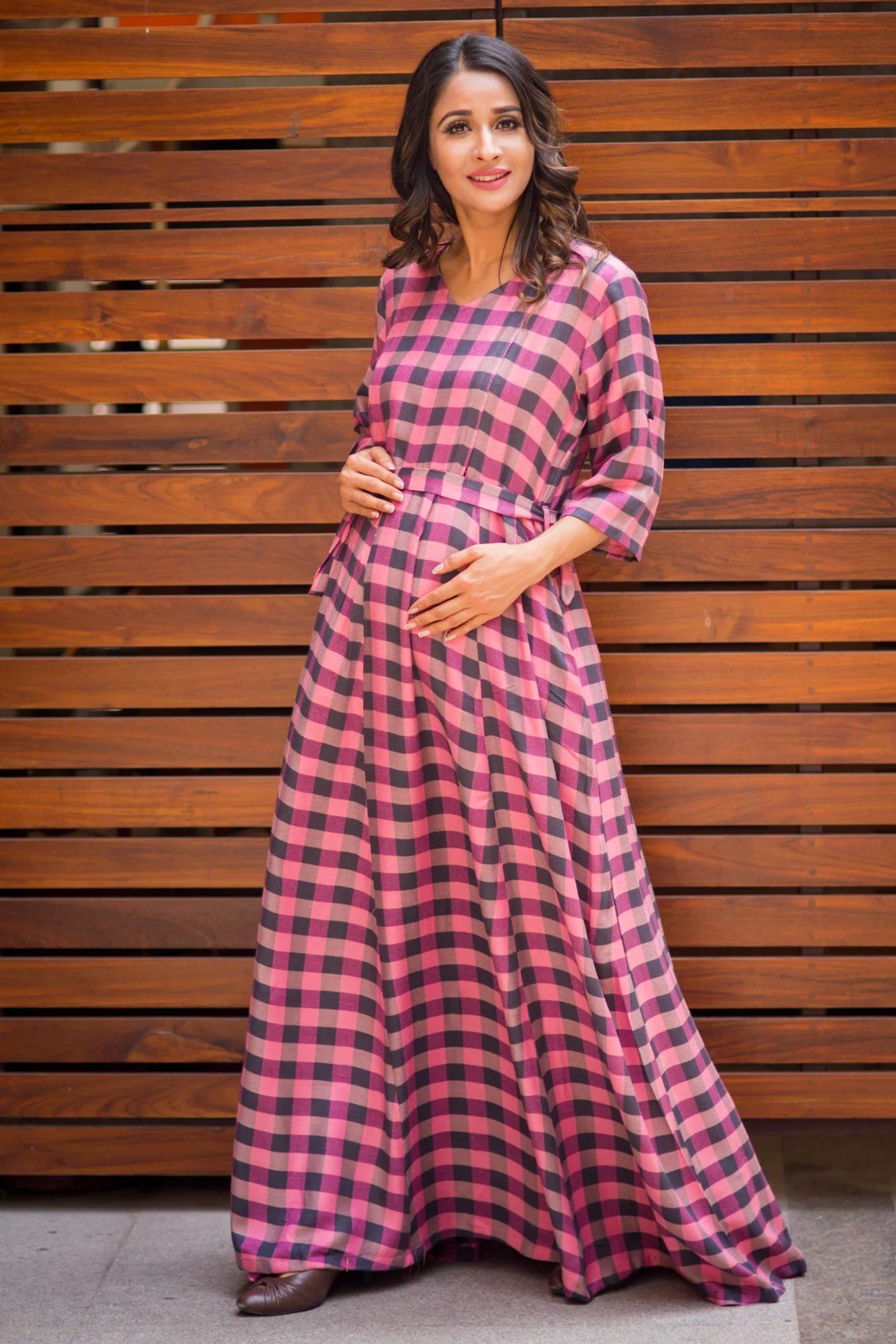 Bubblegum Plaid Maternity & Nursing Maxi Dress - Chenance