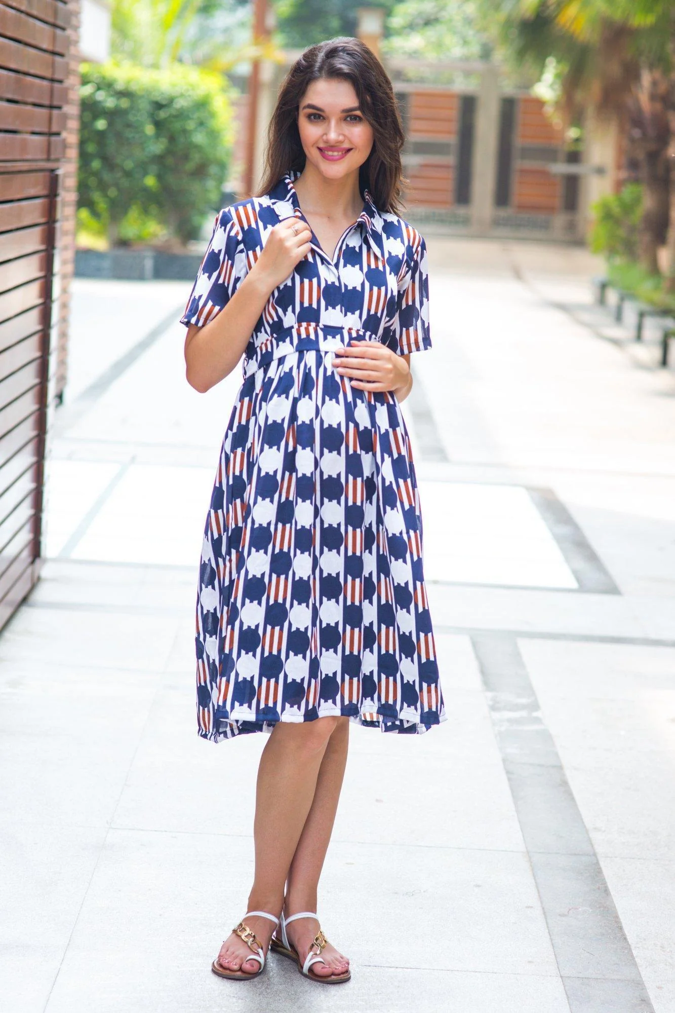 Patterned Navy Maternity & Nursing Dress - Chenance