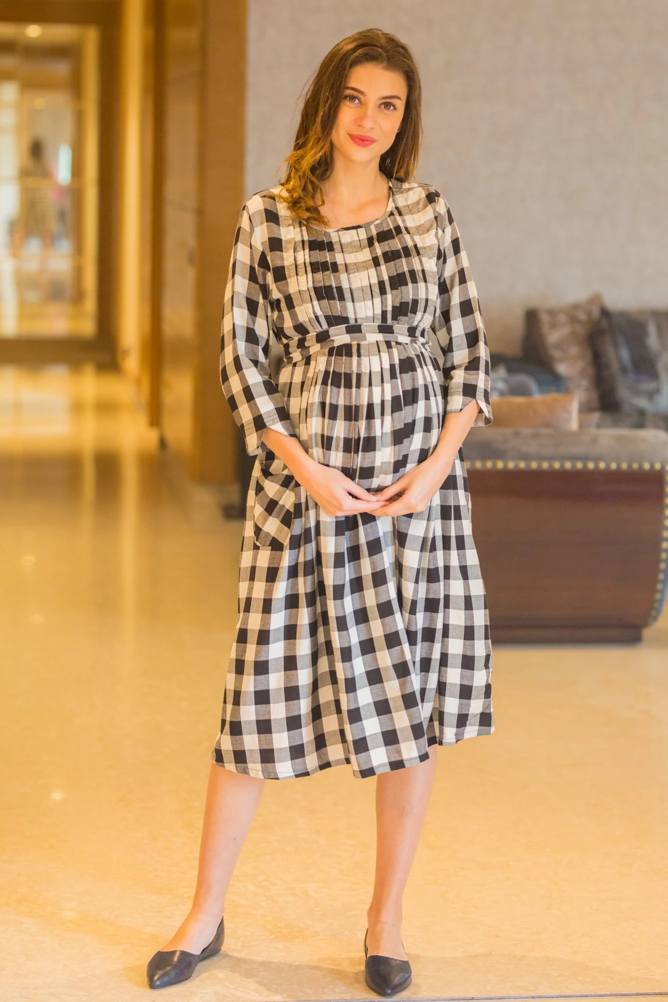 Nautical Plaid Pintucks Nursing Dress - Chenance