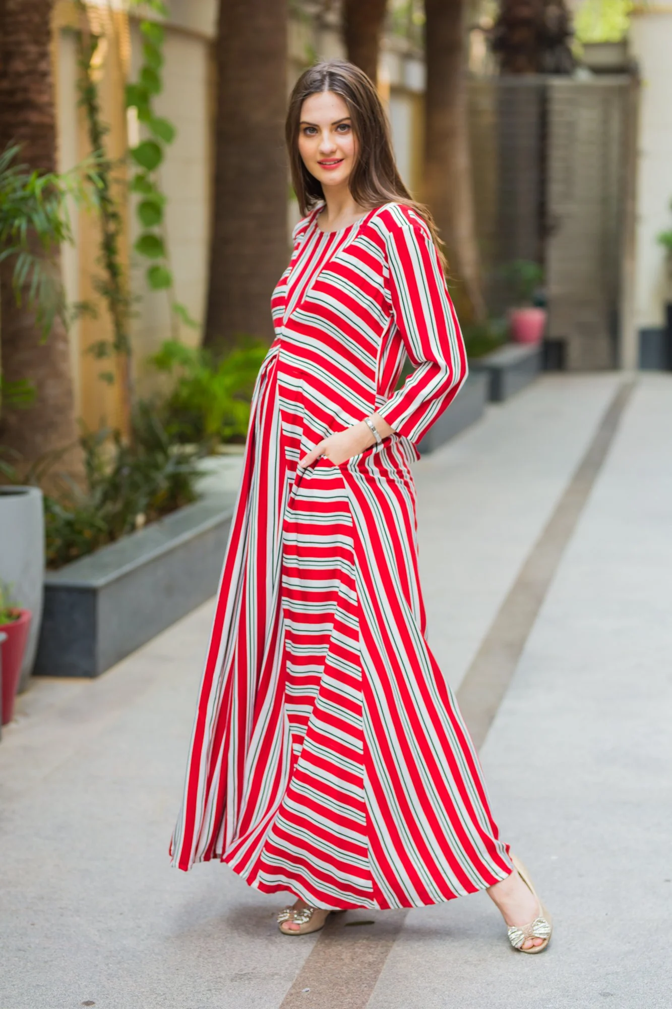 Crimson Striped Maternity and Nursing Maxi Dress - Chenance