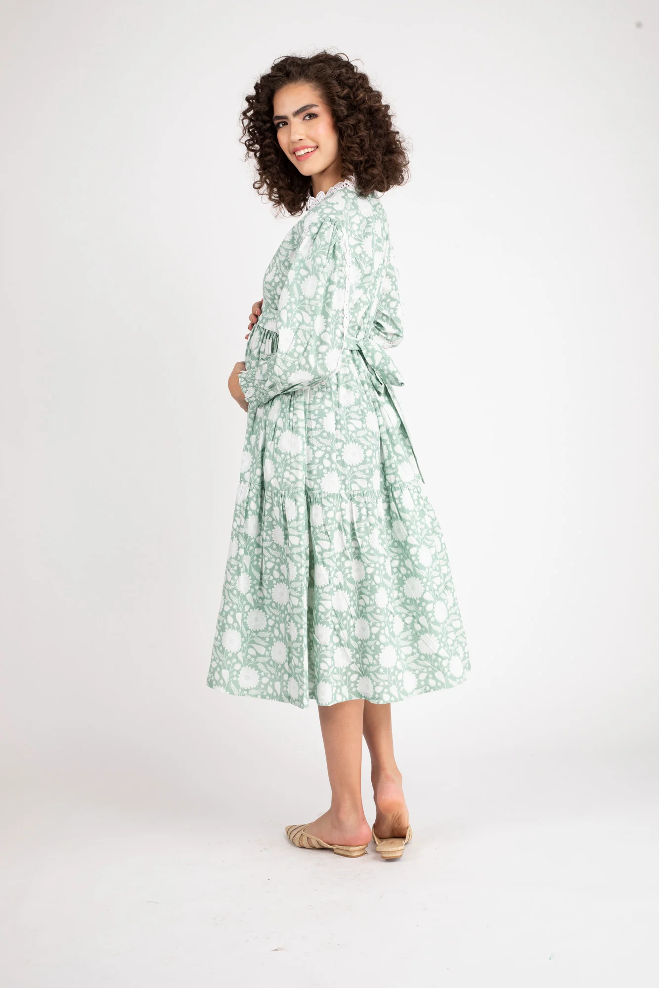 Seafoam Maternity & Nursing Gathered Dress (100% Cotton) - Chenance