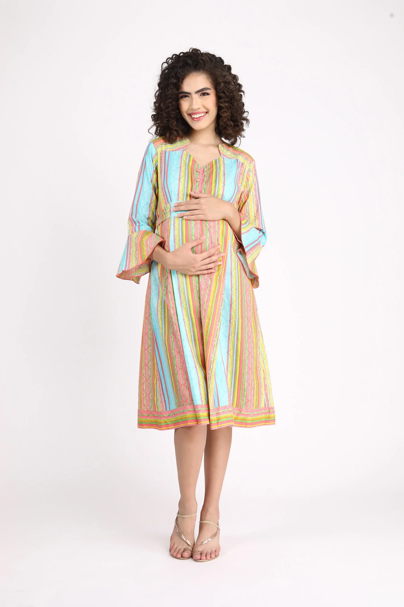 Striped Coral Maternity & Nursing Dress (100% Cotton) - Chenance
