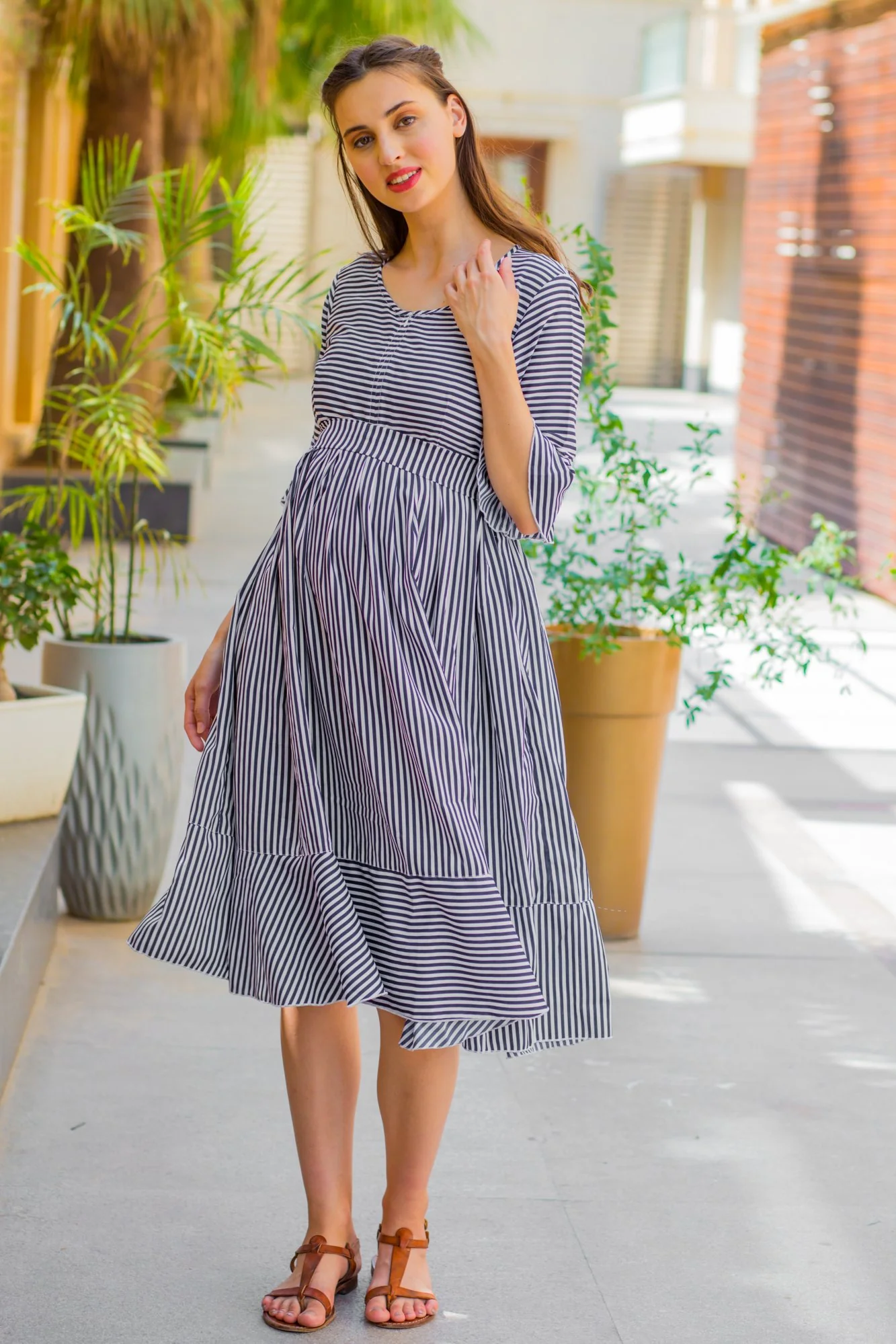 Navy Blue Striped Maternity & Nursing Dress - Chenance