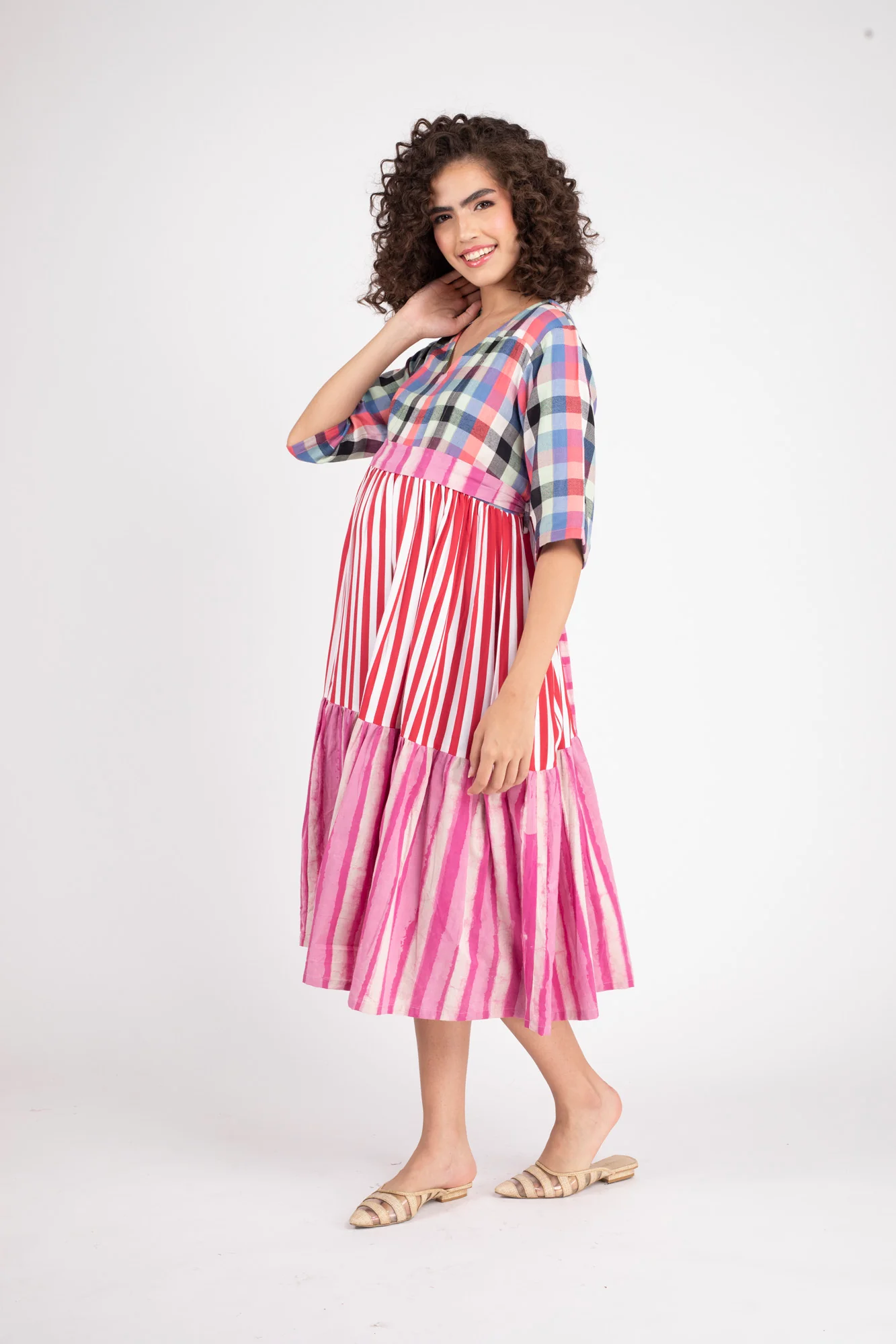 Boho Chic Striped Maternity & Nursing Gathered Dress (100% Cotton) - Chenance