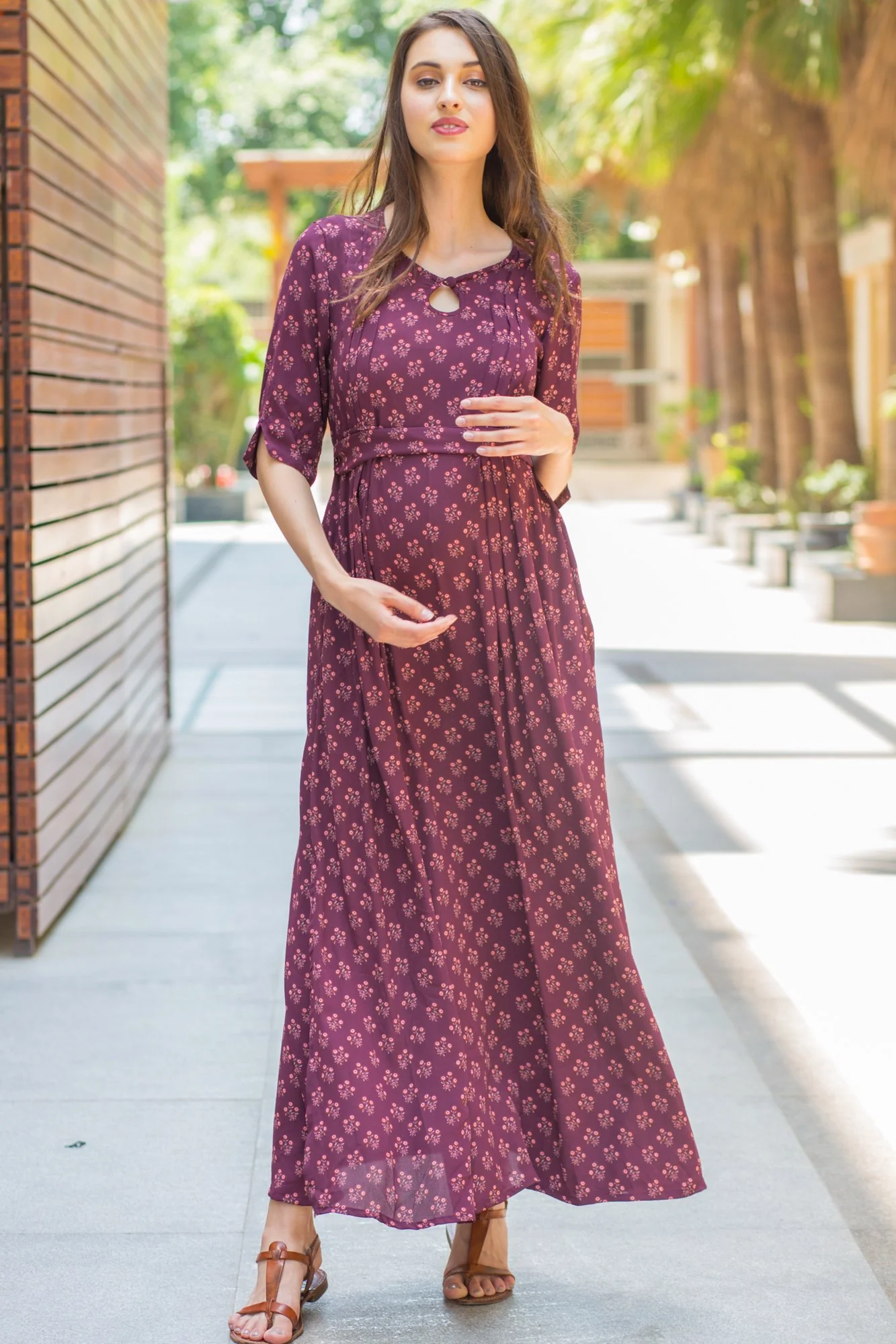 Merlot Side Slit Concealed Zips Feeding Dress - Chenance