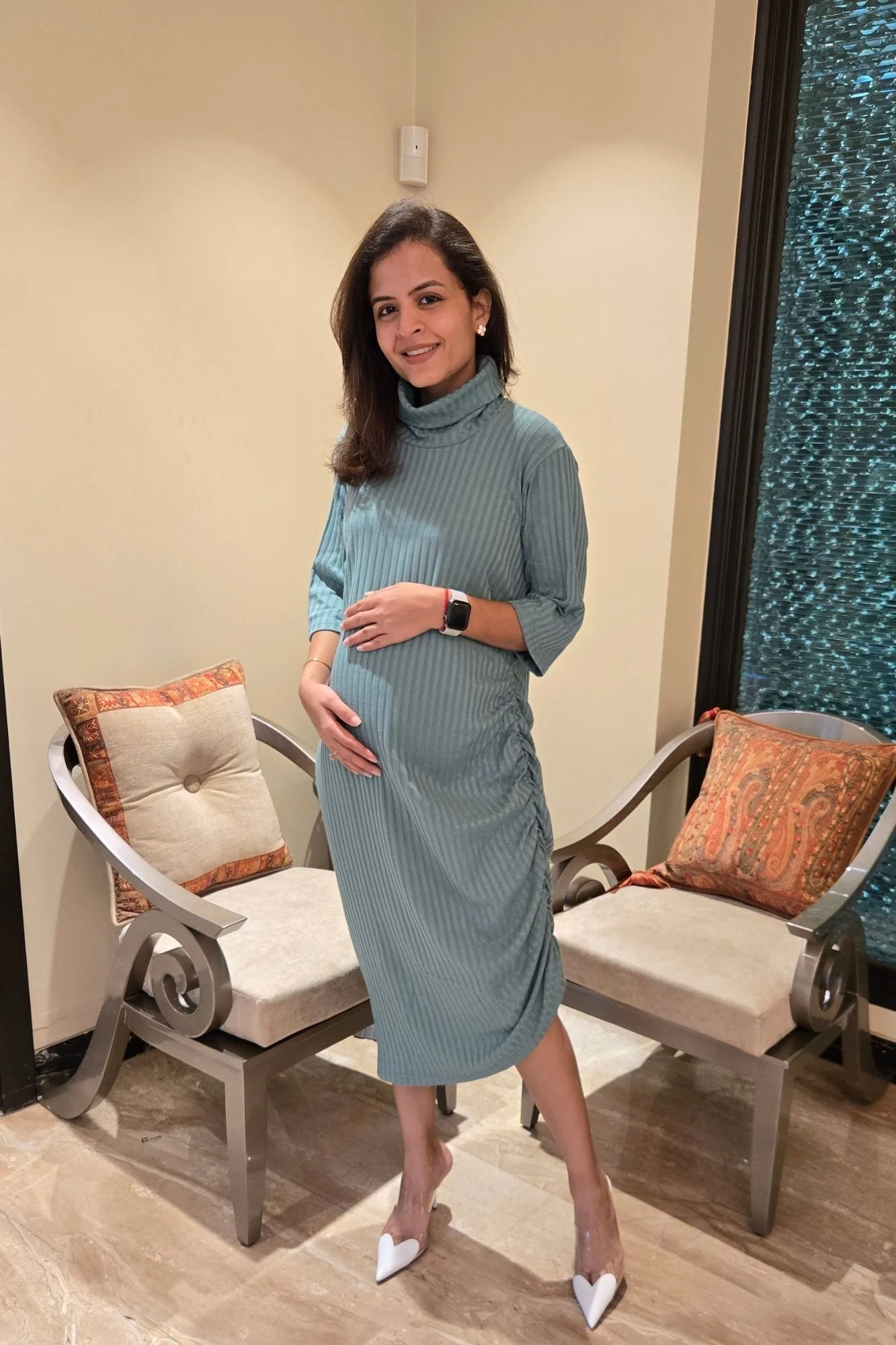 Refined Dusty Teal Ribbed Maternity Fitted Winter Dress - Chenance