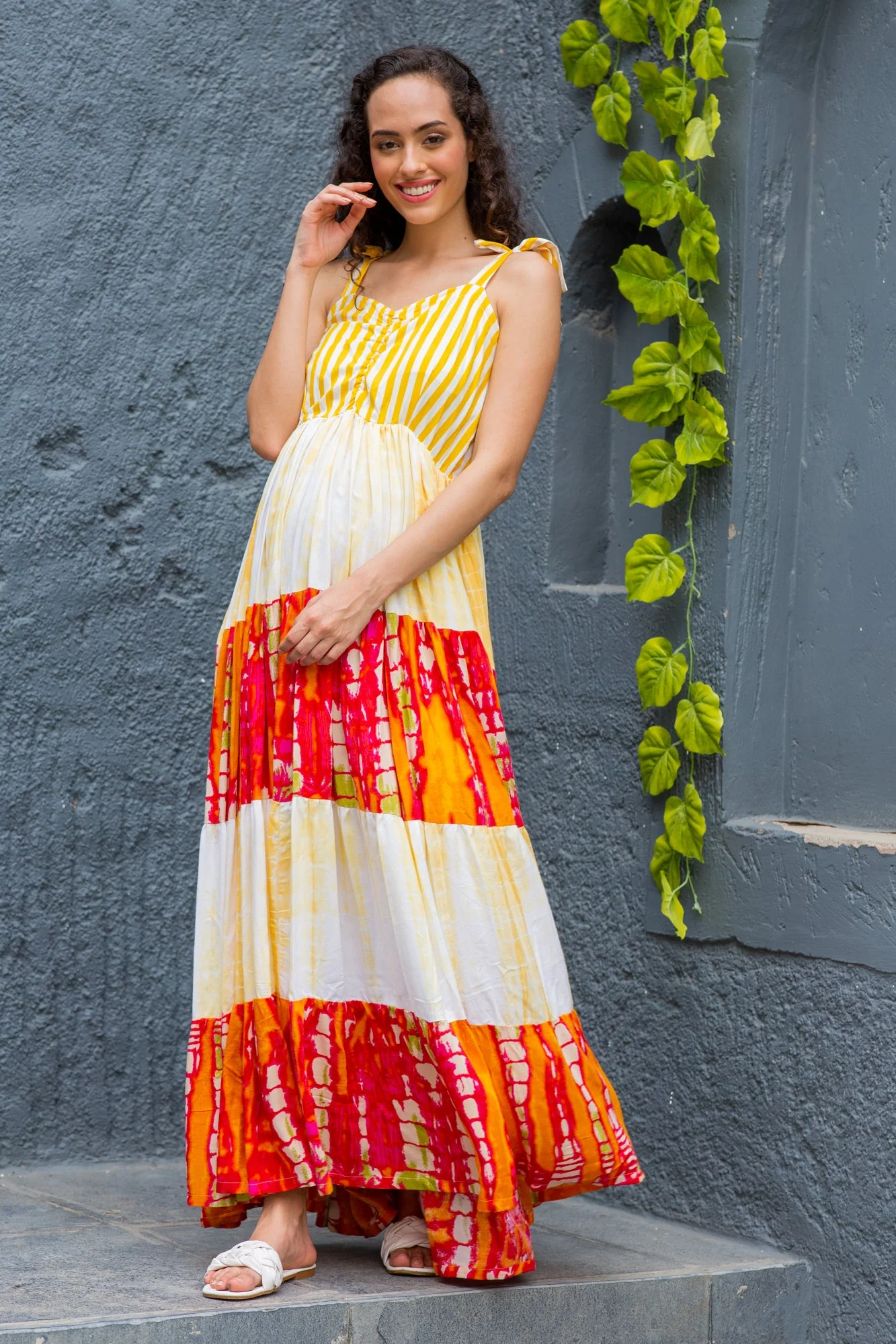 Serene Yellow Tie & Dye Flowy Maternity & Nursing Dress - Chenance
