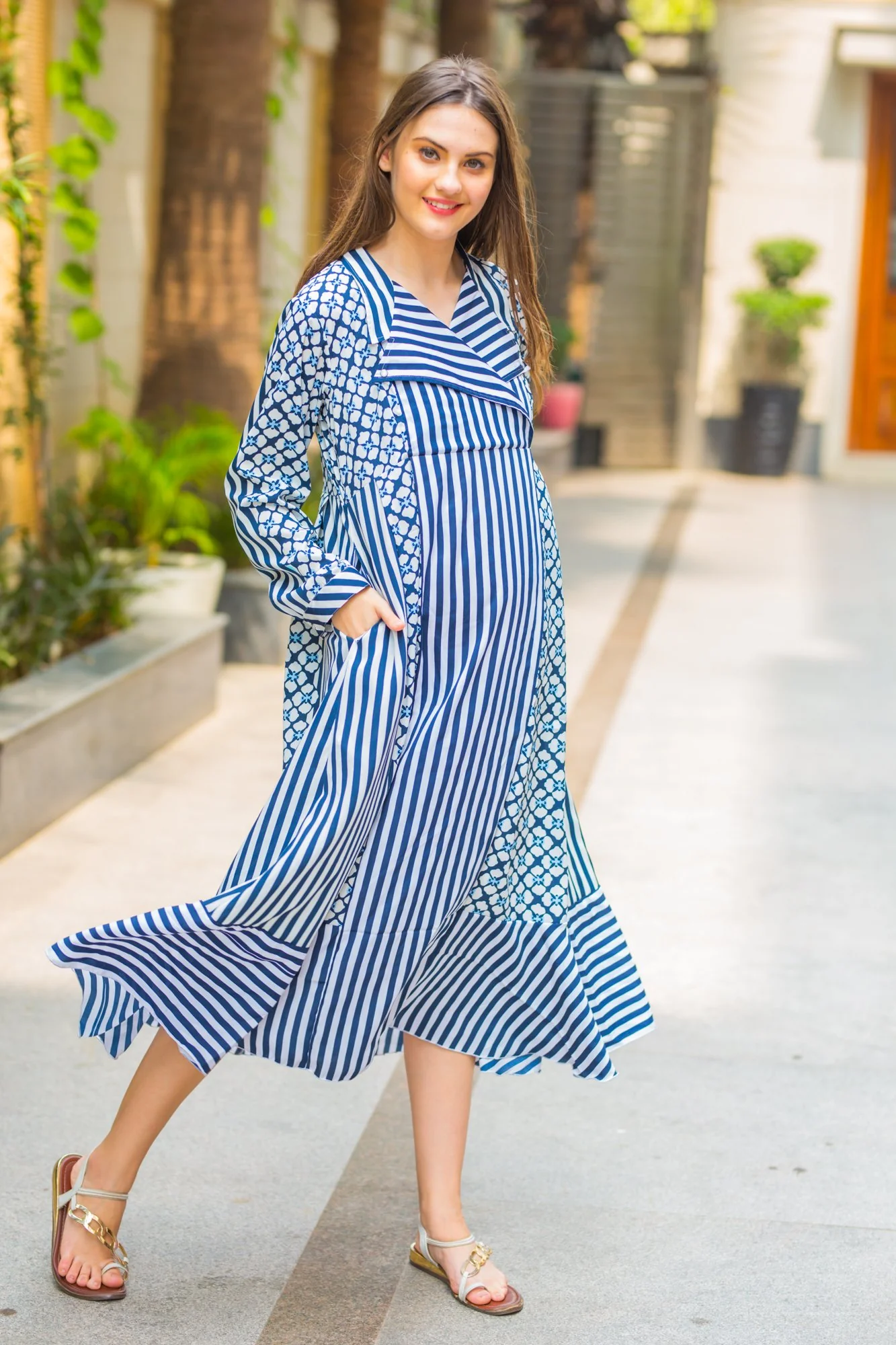 Indigo Striped Maternity and Nursing Maxi Dress - Chenance