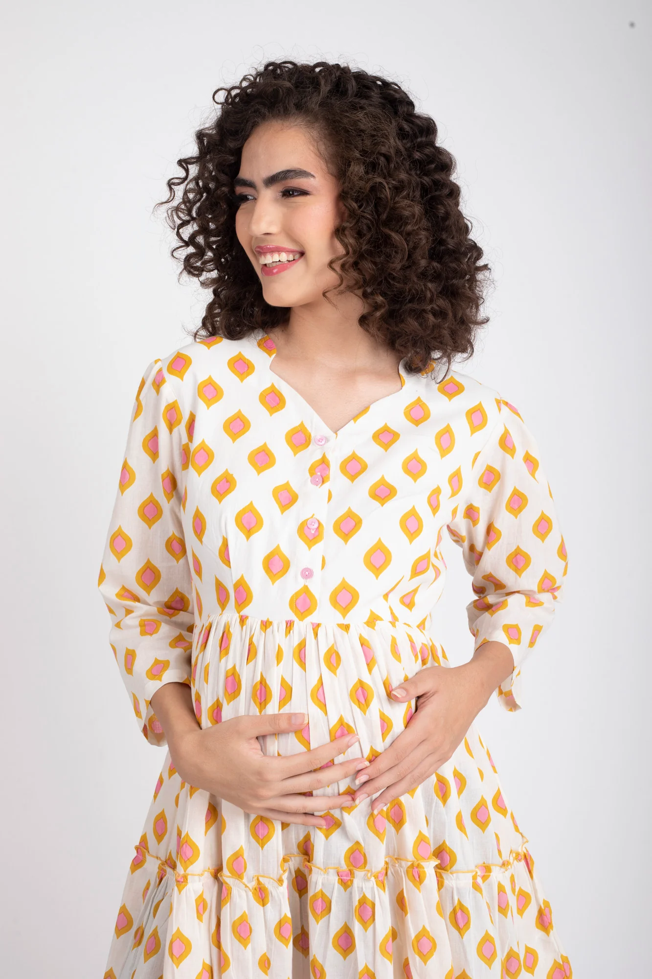 Pretty Cream Maternity & Nursing Layered Dress (100% Cotton) - Chenance