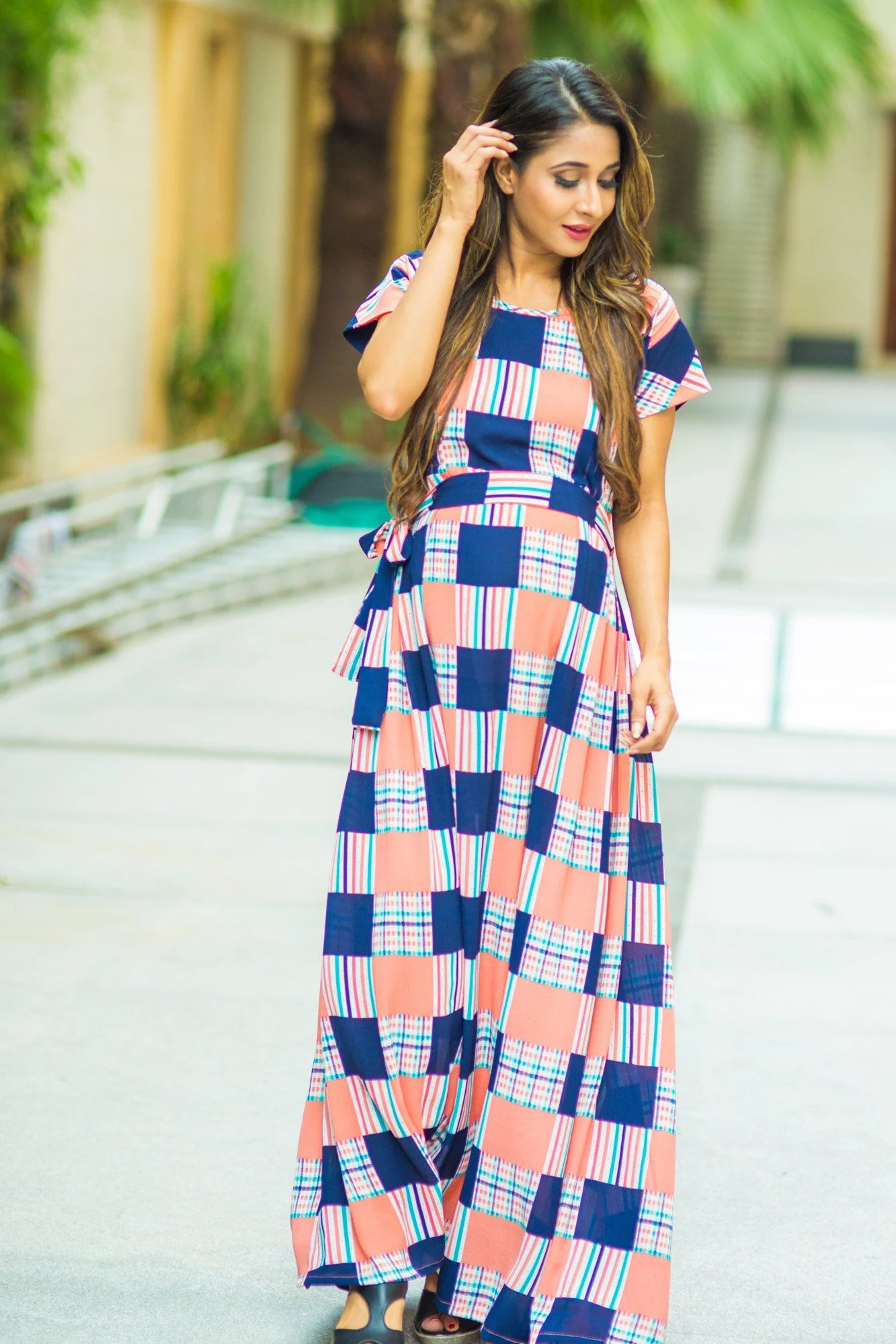 Orange Check Bubble Georgette Concealed Zips Dress - Chenance