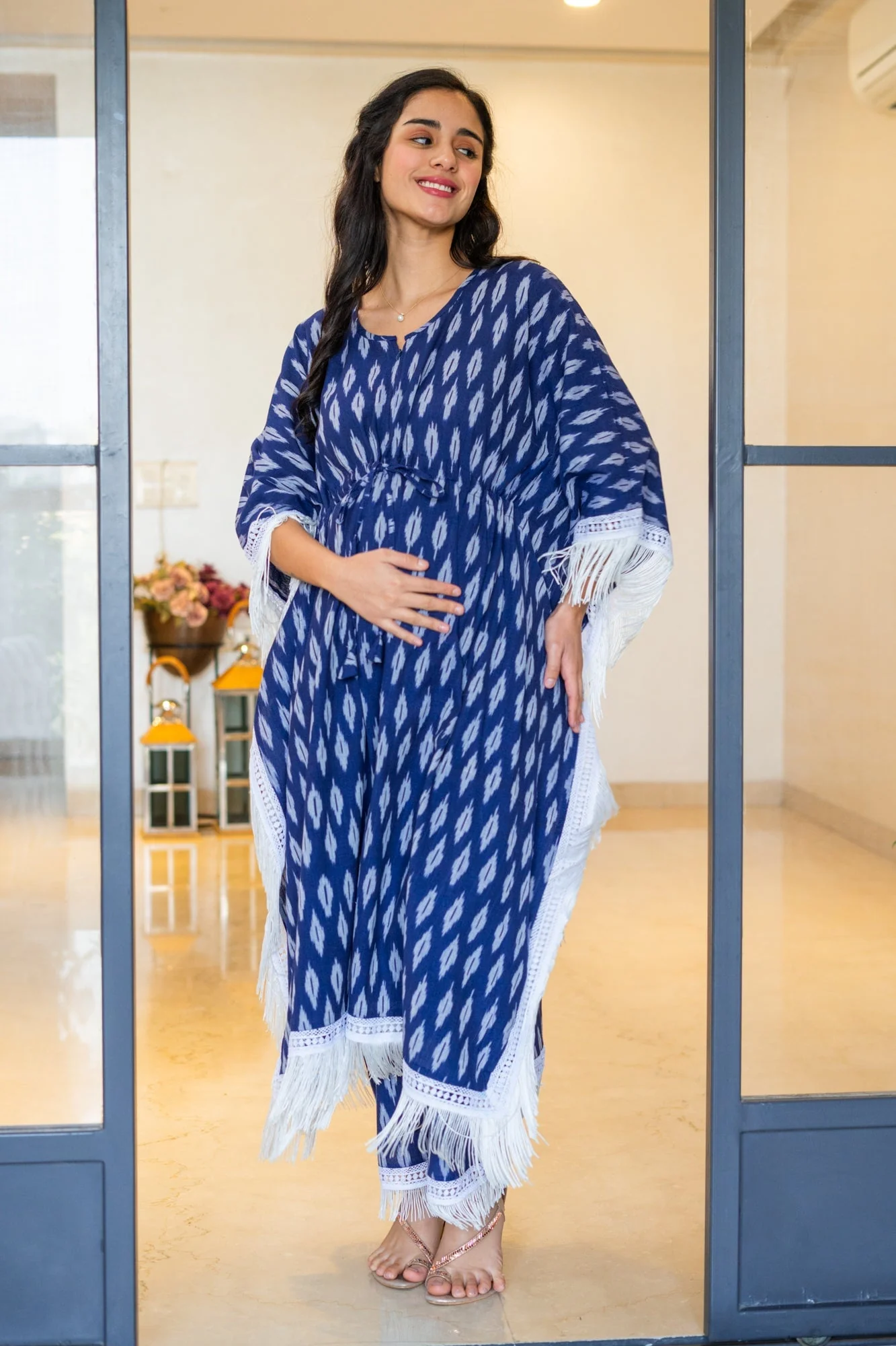 Luxe Indigo Blue Ikat Maternity & Nursing Kaftan Coord Set (100% Cotton) (2 Pc) - Chenance