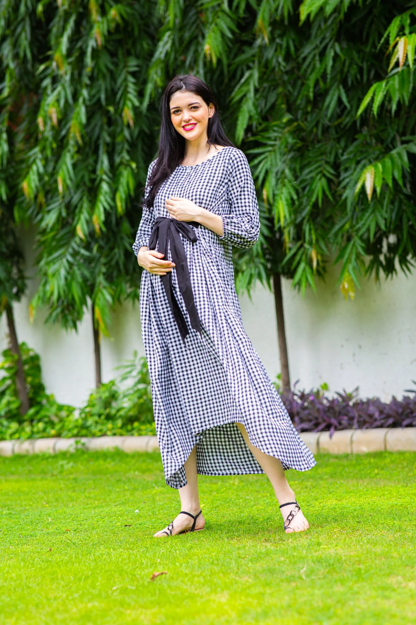 Plaid Dual Bow High-Low Maternity & Nursing Dress - Chenance