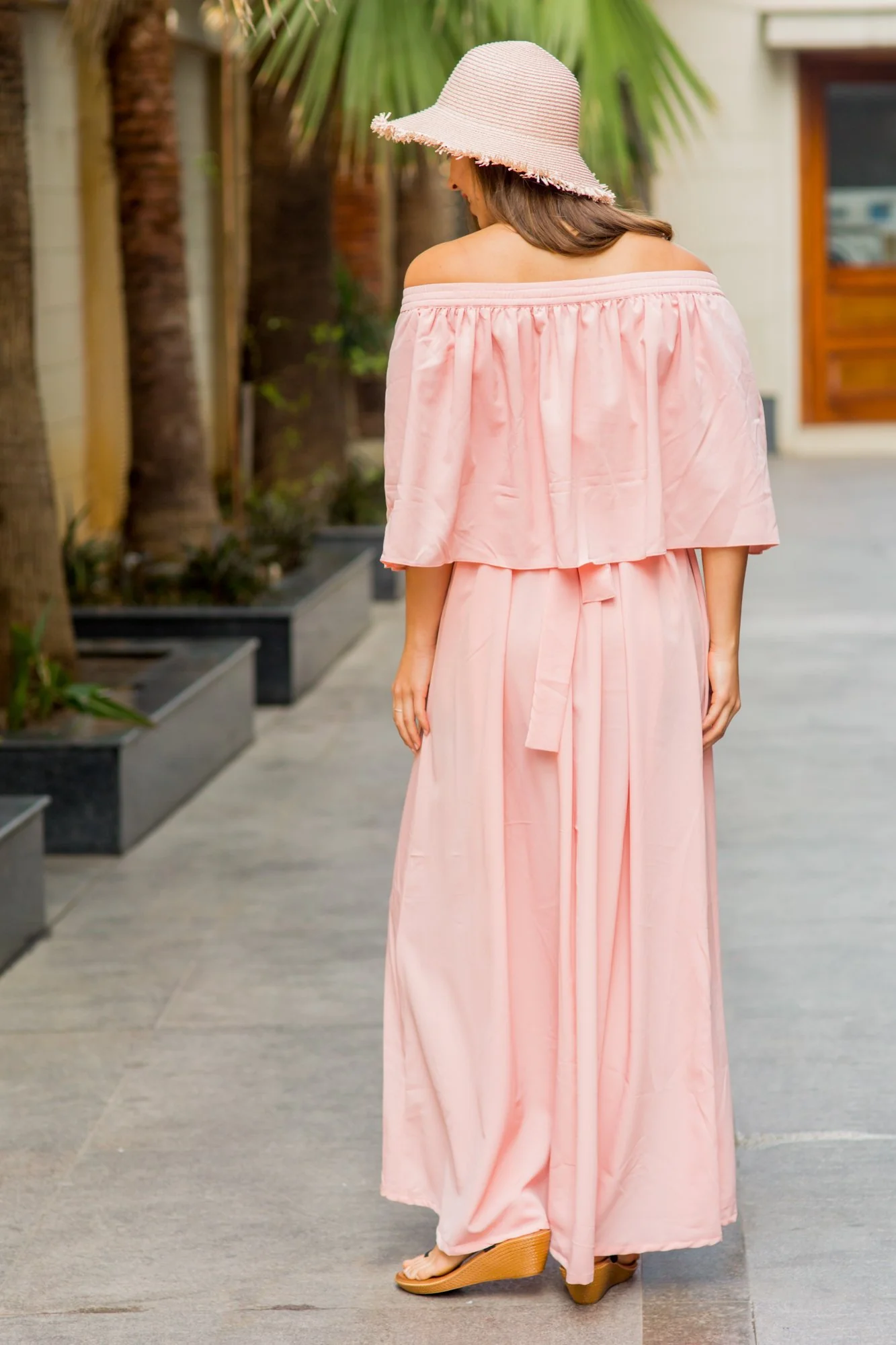 Peachy Pink Off-Shoulder Maternity Maxi Dress - Chenance