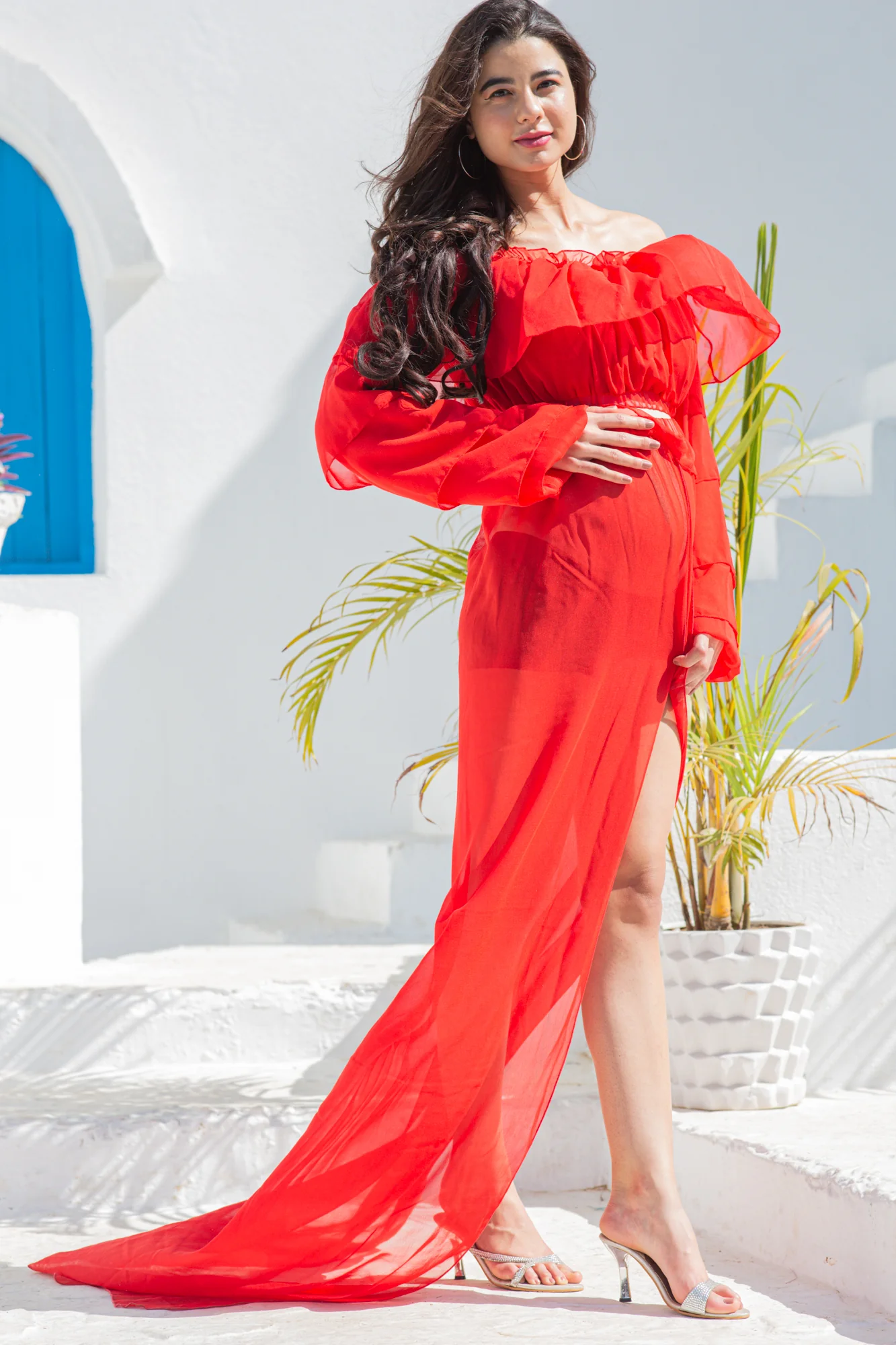 Rouge Off Shoulder Skirt Maternity & Nursing Photo Shoot Gown - Chenance