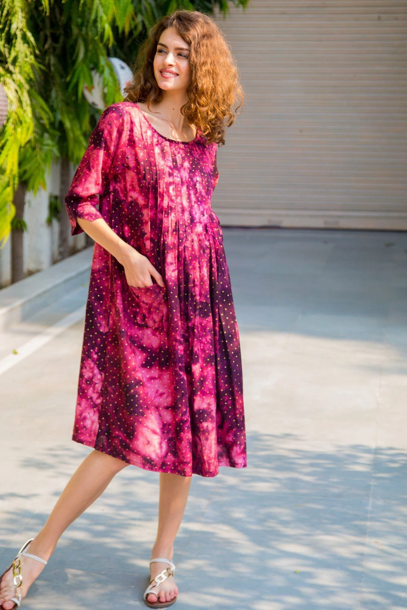 Plum Foil Print Pintucks Maternity & Nursing Kurta Dress - Chenance