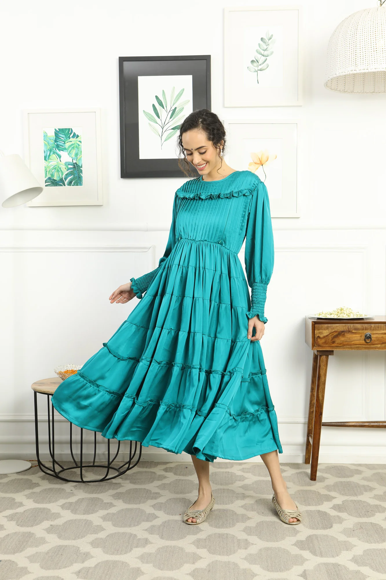 Premium Satin Emerald Green Formal Maternity & Nursing Pintucks Frill Dress - Chenance
