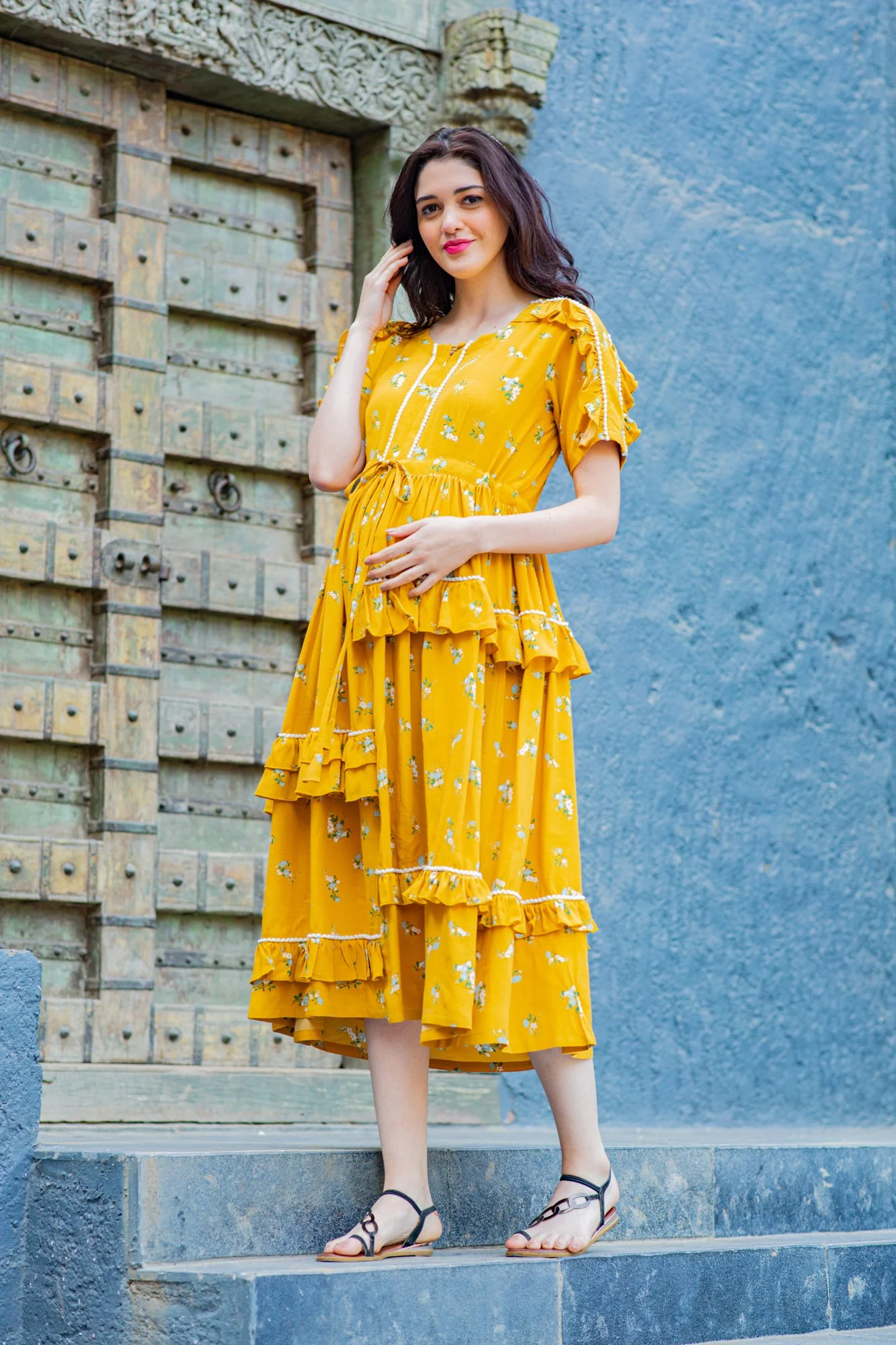 Honey Yellow Maternity & Nursing Frill Dress - Chenance