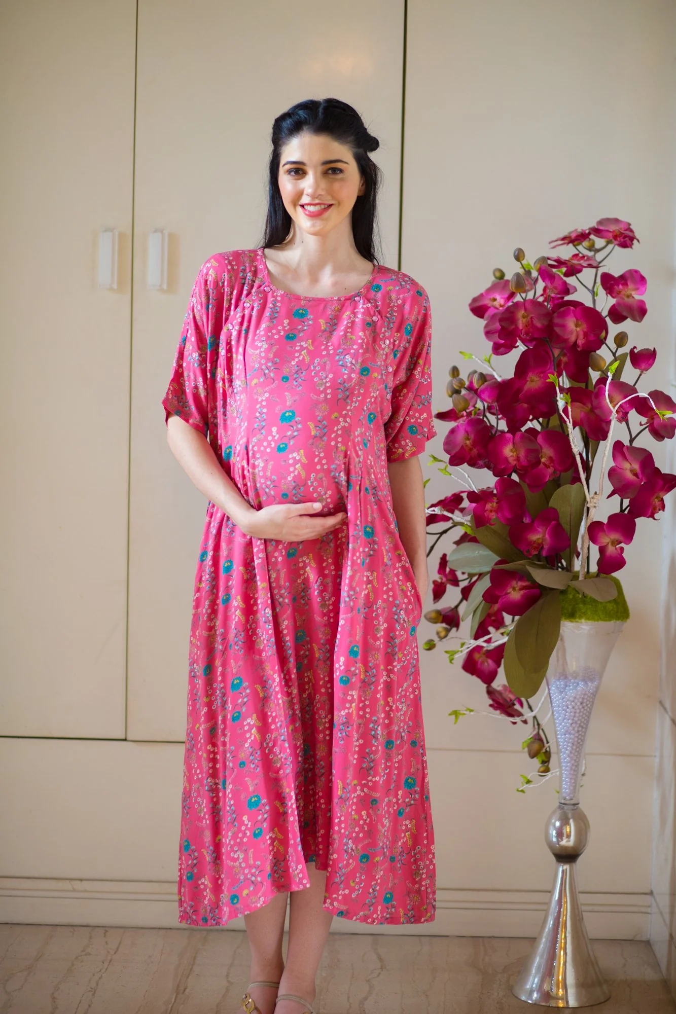 Pretty In Peach Shoulder Snap Maternity & Nursing Dress / Delivery Gown/ Night Dress + Swaddle - Chenance