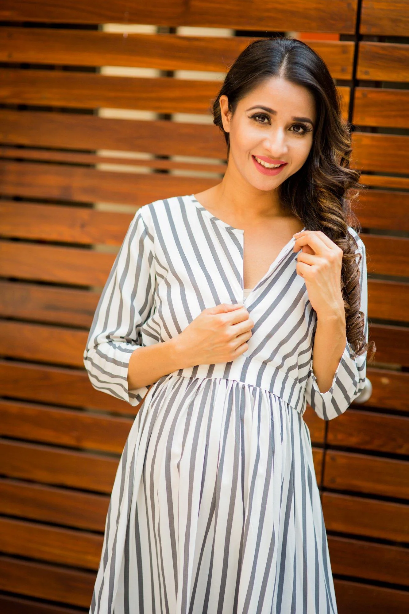 Timeless Grey White Striped Nursing Rayon Dress - Chenance