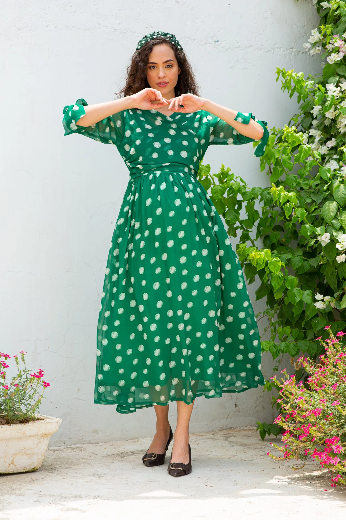 Emerald Dancing Polka Maternity & Nursing Midi Wrap Dress - Chenance