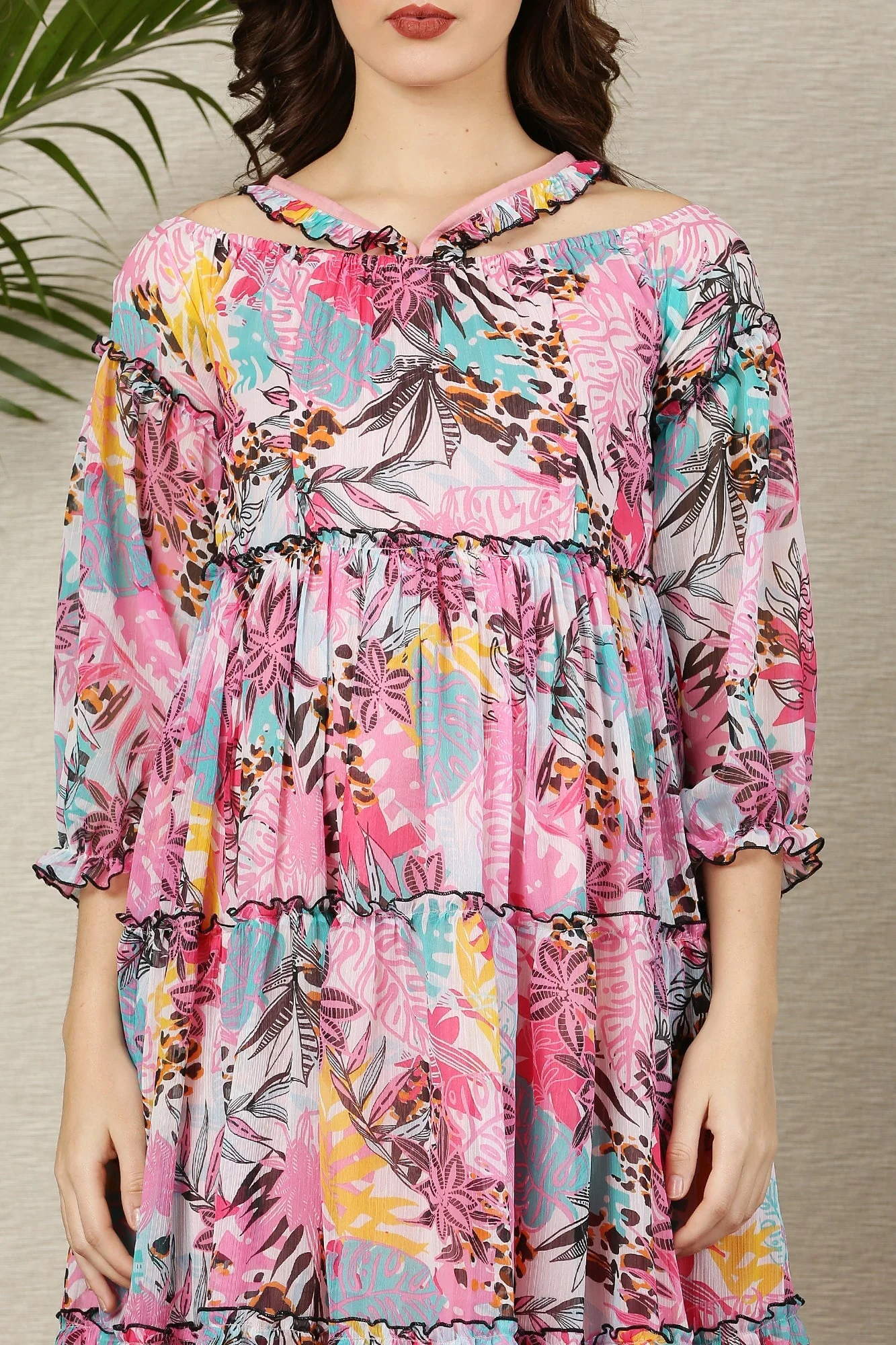 Cascading Retro Leafy Pink Halter Maternity & Nursing Frill Dress - Chenance