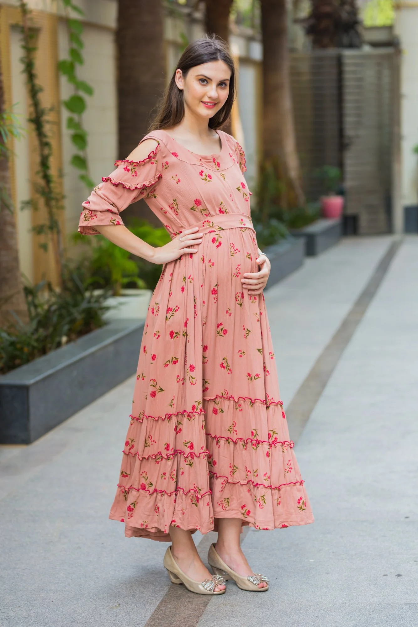 Peach Hawaiin Floral Frill Maternity & Nursing Maxi - Chenance