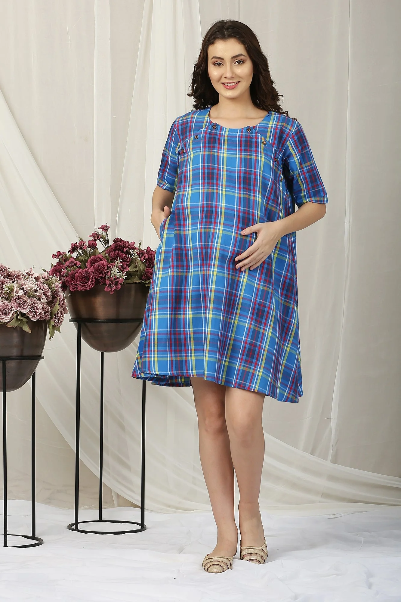 Homey Red Blue Snap Shoulder Maternity & Nursing Night Dress / Delivery Gown/ Lounge Dress - Chenance