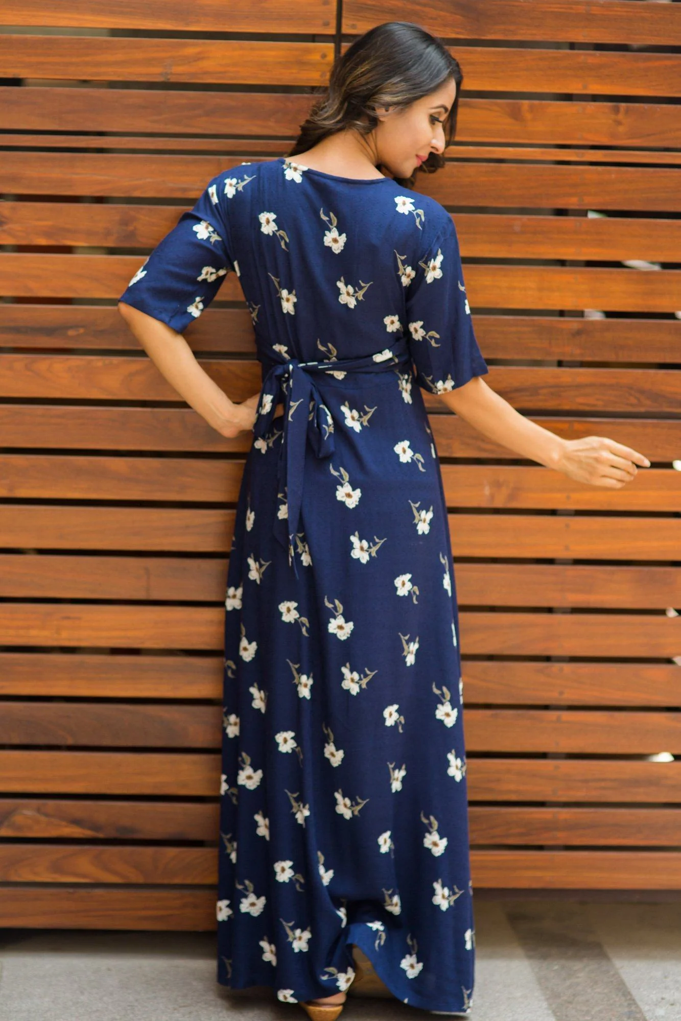 Luxe Navy Pearl Blossom Maternity& Nursing Wrap Dress - Chenance