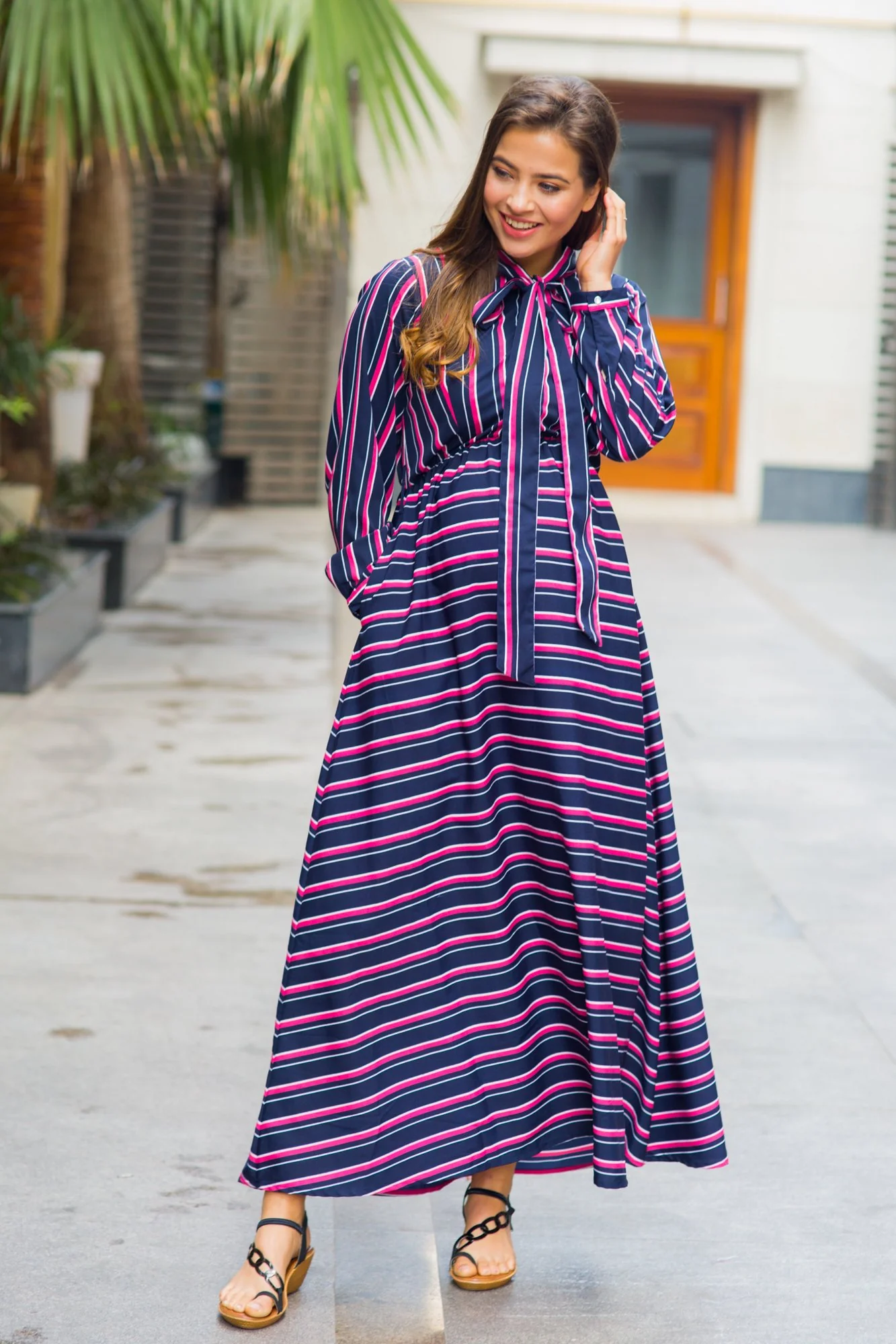 Unique Striped Neck Tie Bishop Sleeve Maternity & Nursing Dress - Chenance