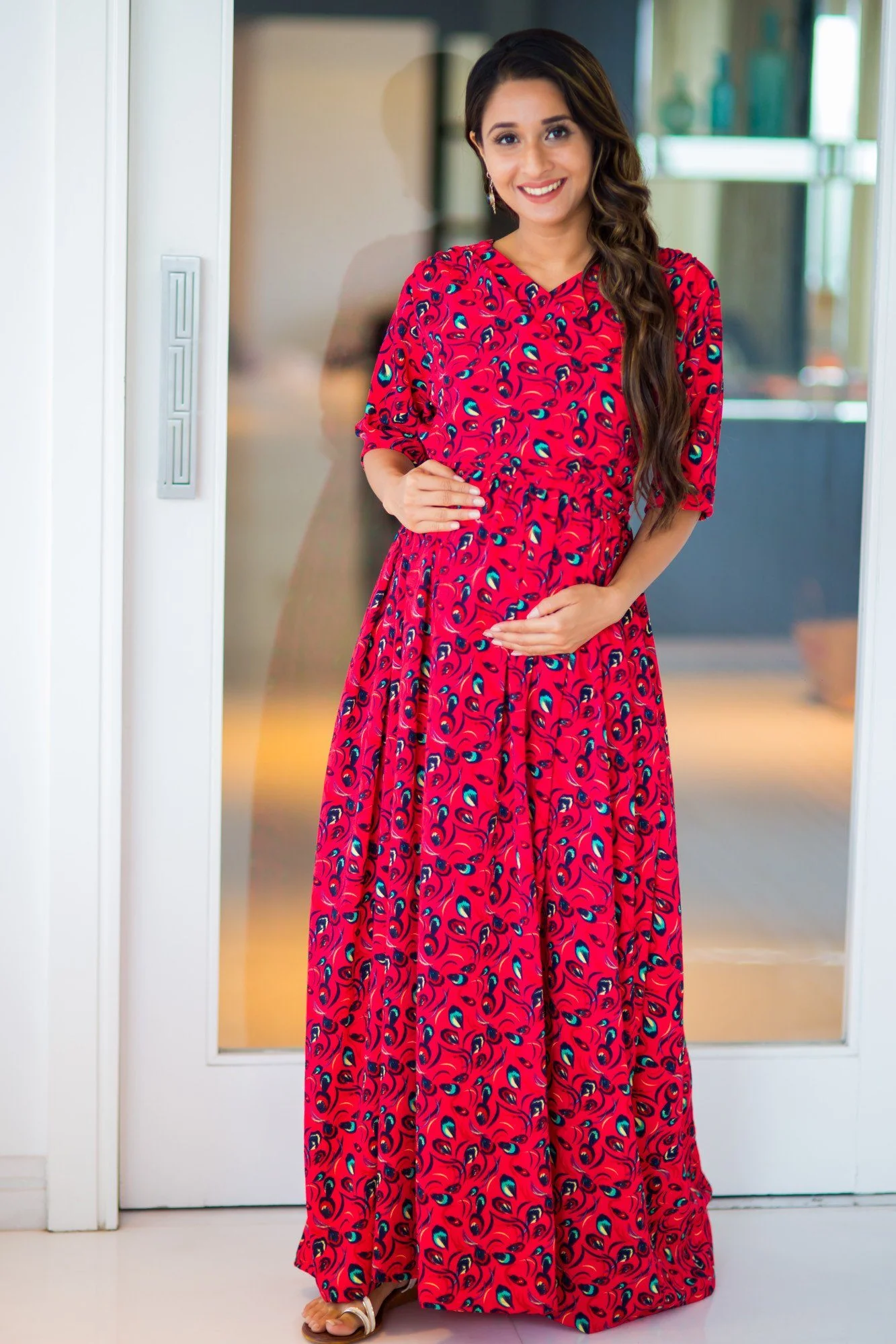 Bubble Crepe Chic Red Maternity & Nursing Wrap Dress - Chenance