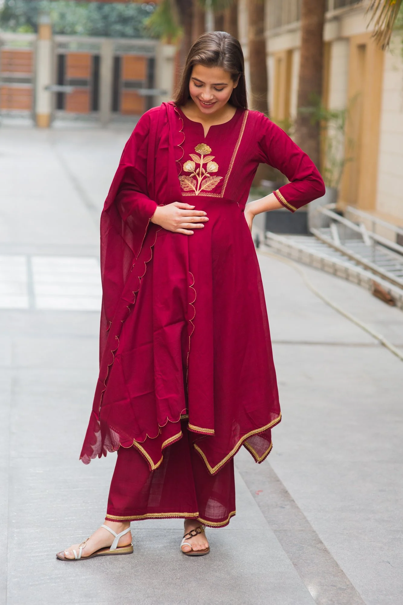 Premium Maroon Assym Gold Zari Maternity & Nursing Suit Set (3 pc) - Chenance
