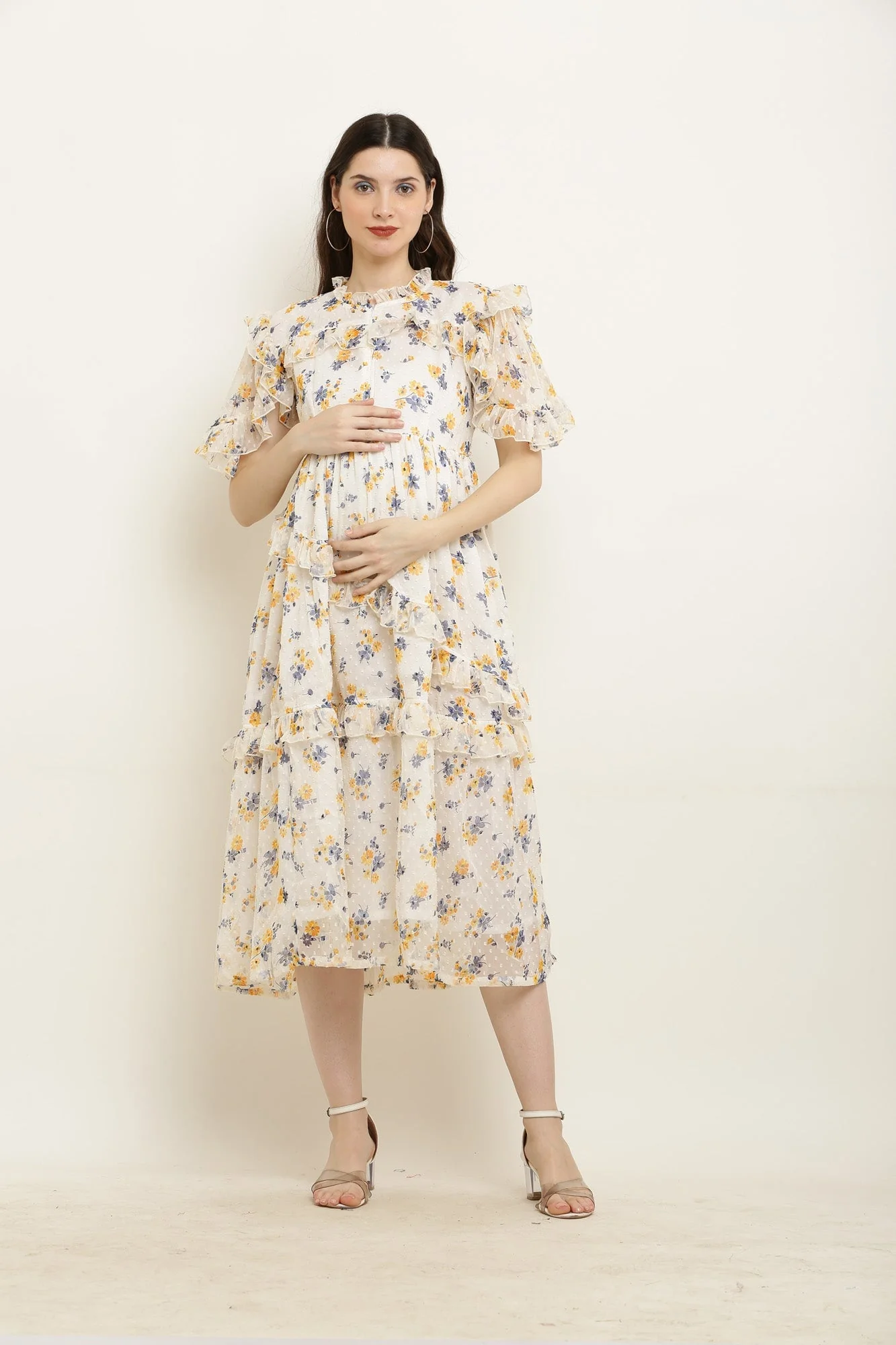Soothing Ivory Yellow Floral Maternity & Nursing Frill Dress - Chenance