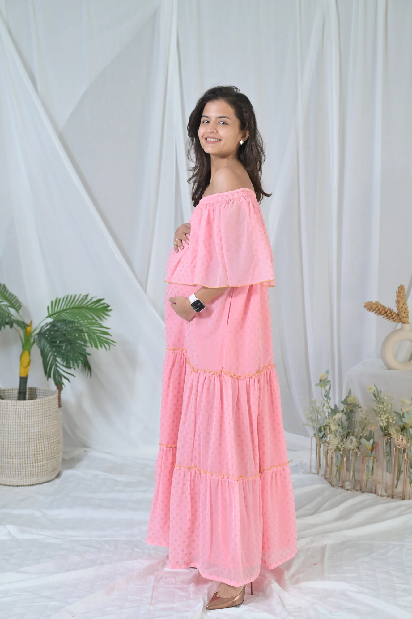 Elegant Peach Love Off-Shoulder Maternity Maxi Dress - Chenance