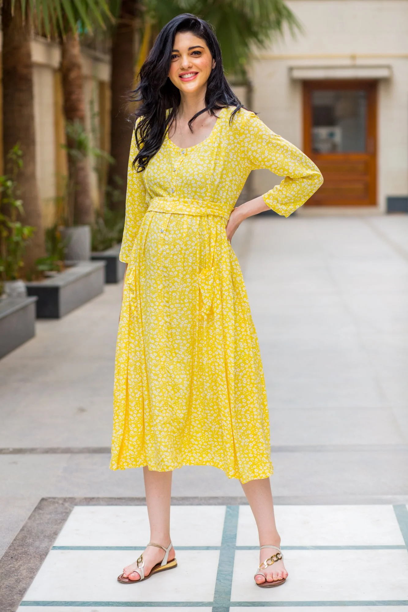 Joyful Yellow Pocket Maternity & Nursing Dress - Chenance