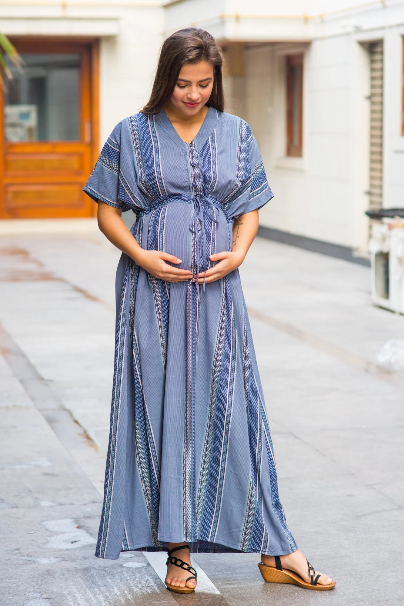 Kimono Indigo Stripe Maternity & Nursing Dress / Delivery Gown/ Night Dress - Chenance