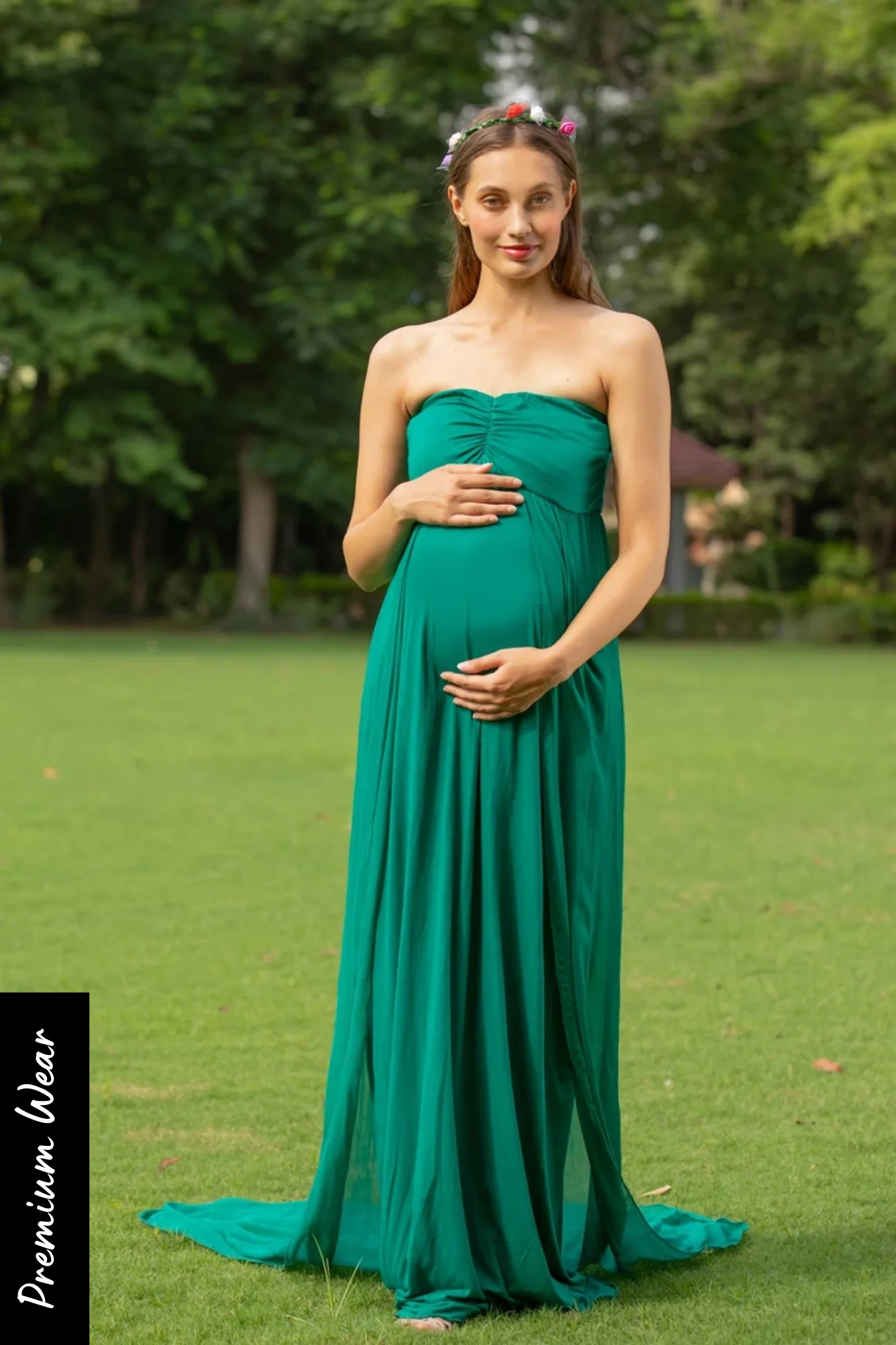 Luxe Forest Green Off-Shoulder Trail Maternity Photoshoot Gown - Chenance