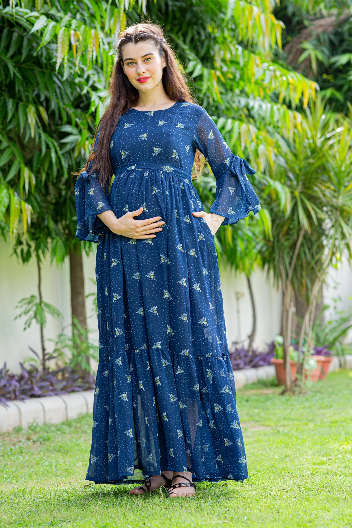 Blue High Maternity & Nursing Frill Dress - Chenance