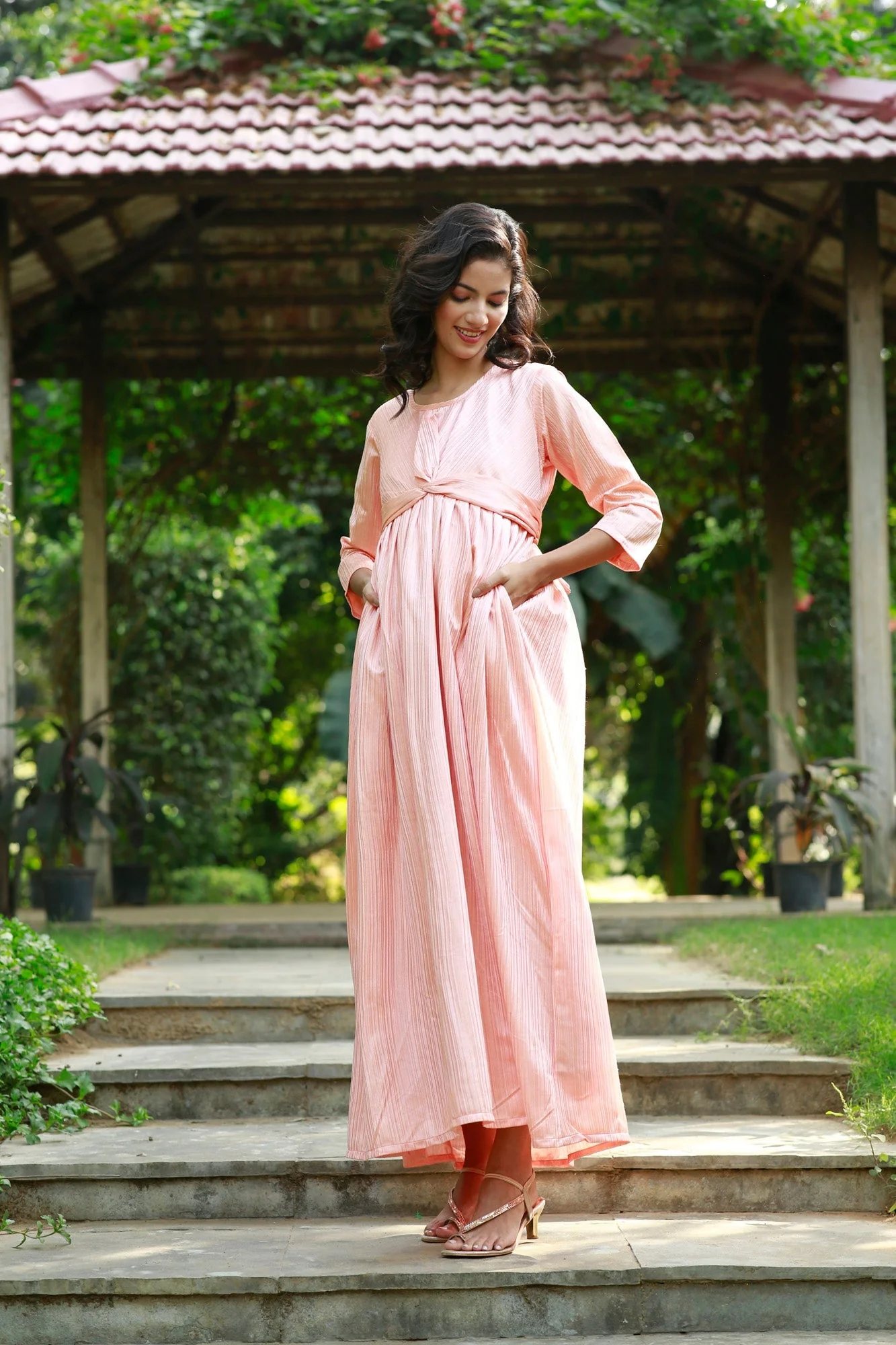 Elegant Coral Pleated Maternity Knot Dress - Chenance