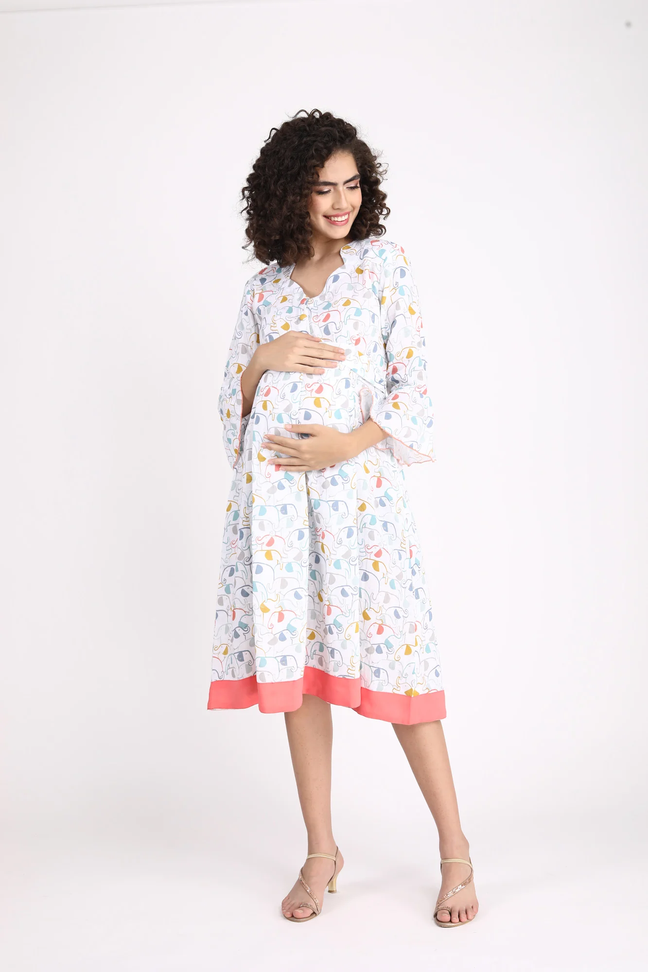 Abstract White Front Button Maternity & Nursing Linen Dress - Chenance