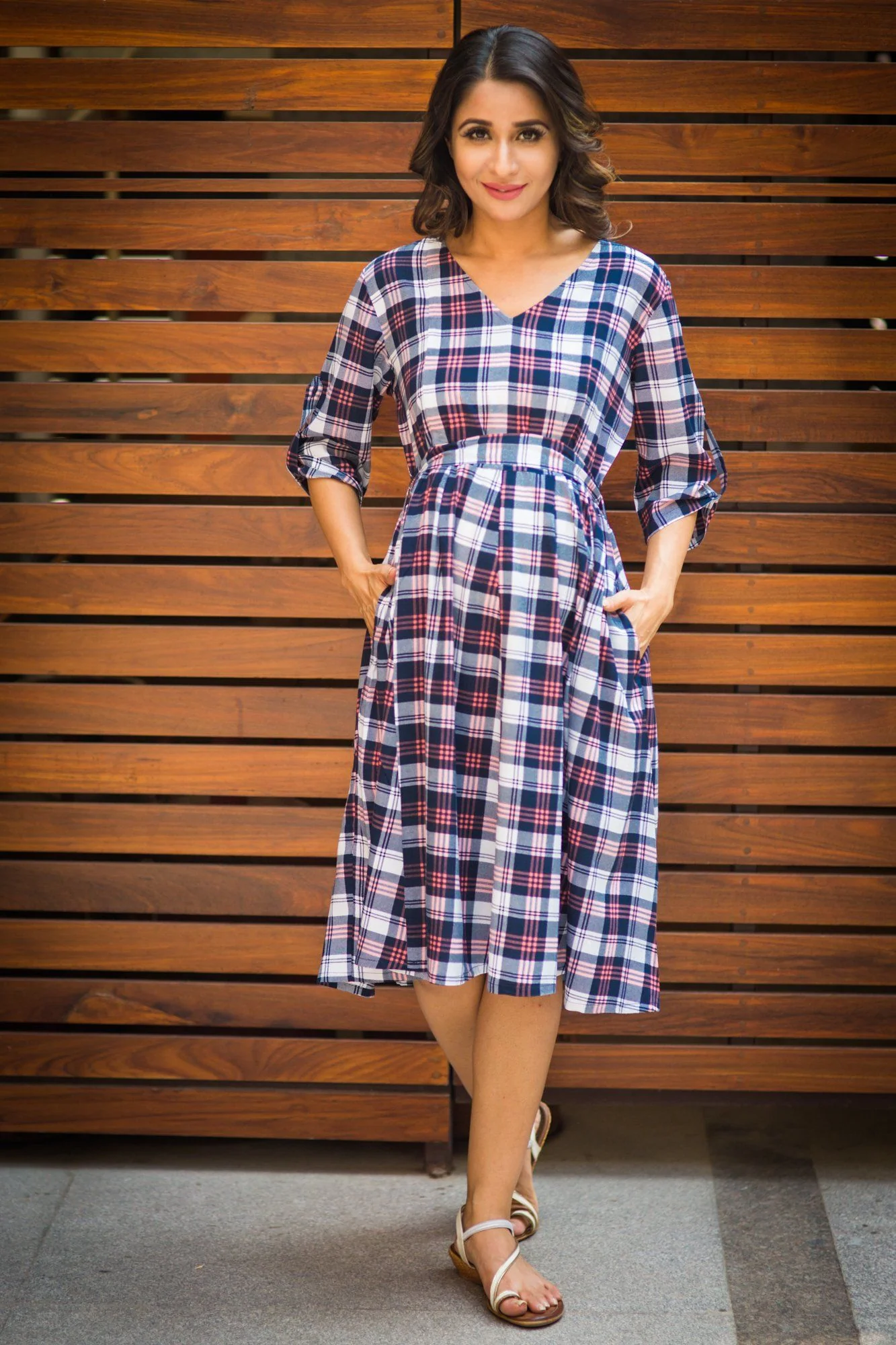 Elegant Chic Blue Plaid Pintucks Maternity & Nursing Dress - Chenance