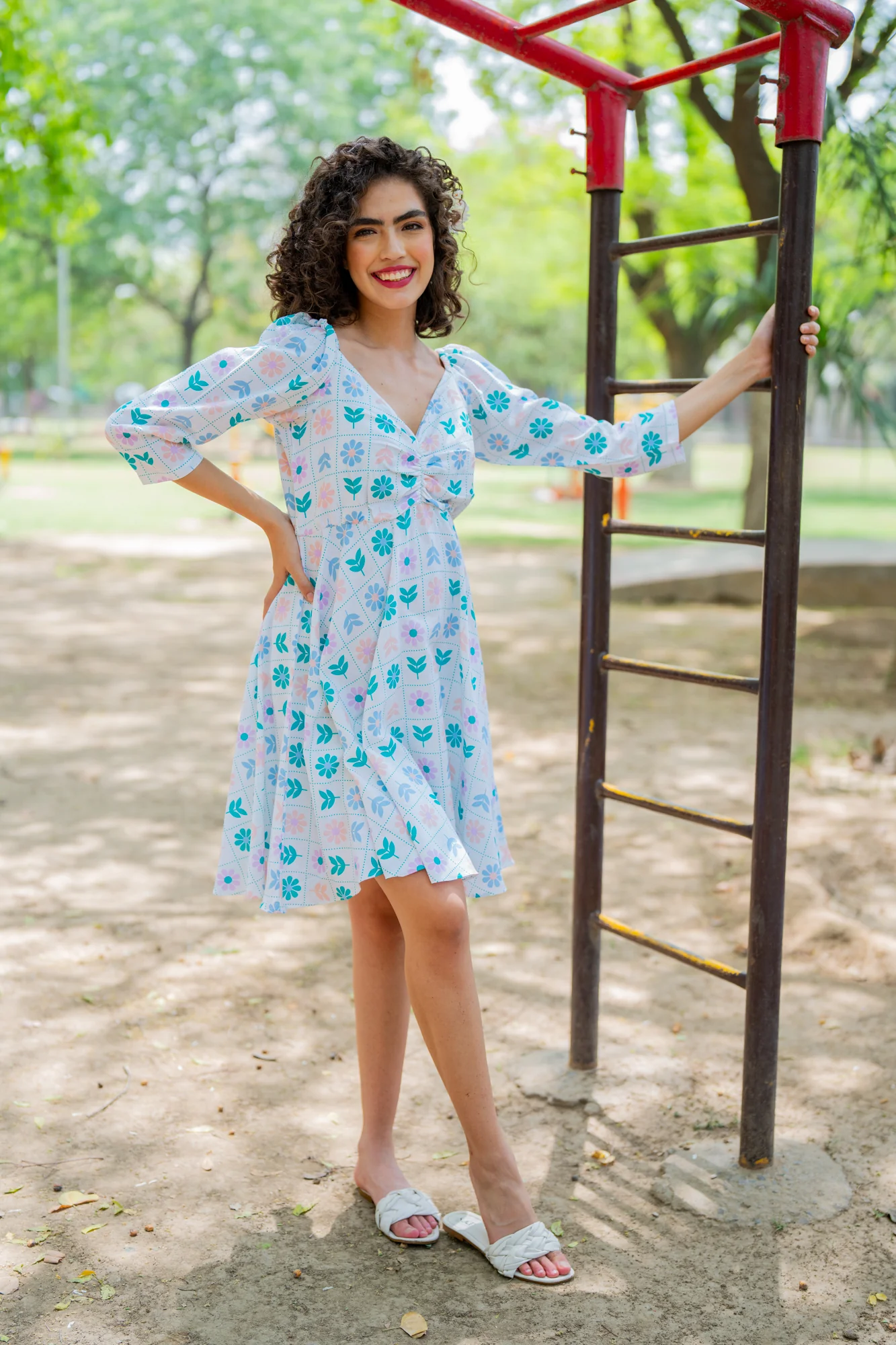 Soothing White Check Floral Maternity Knee Dress (100% Cotton) - Chenance