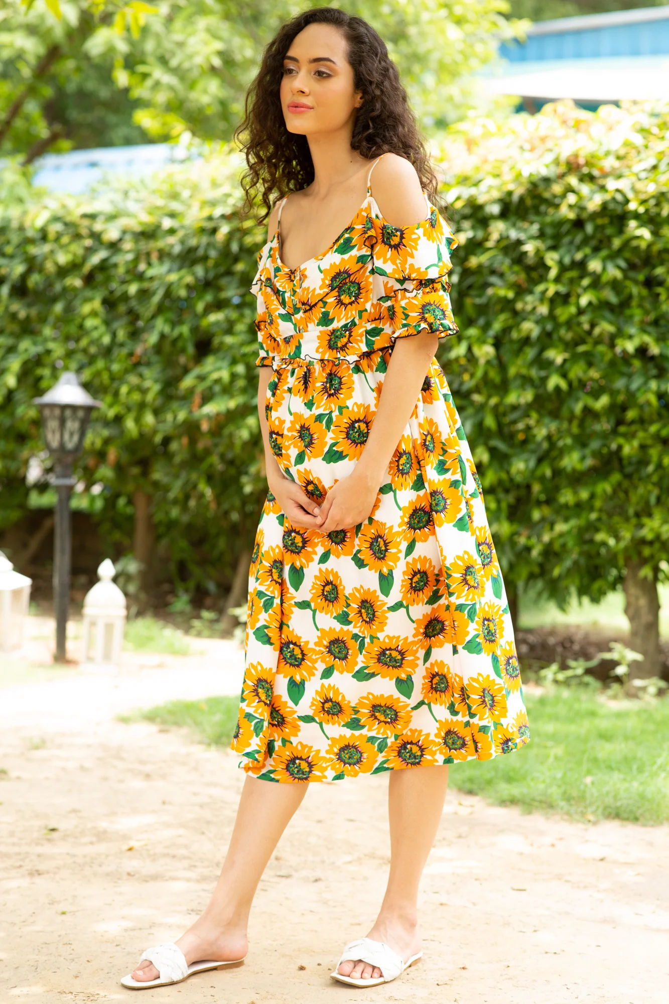 Merry Blossom Yellow Off Shoulder Front Zip Maternity & Nursing Dress - Chenance