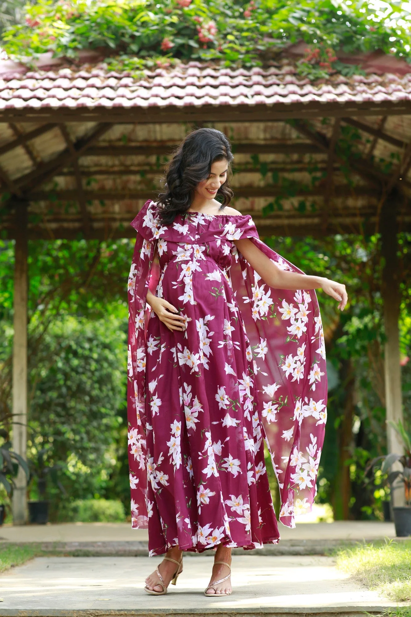 Burgundy Cascading Floral Flying Sleeves Maternity & Nursing Dress - Chenance