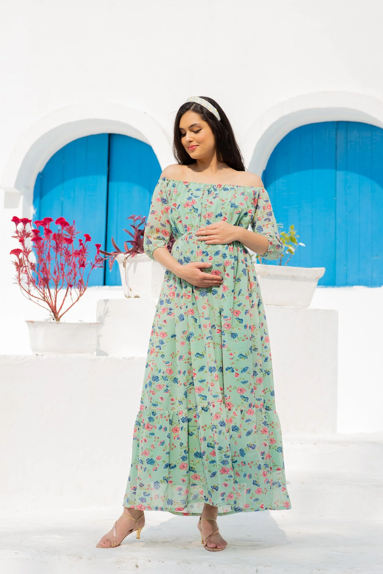 Mint Green Floral Dual Off-Shoulder Boat Neck Maternity & Nursing Maxi Dress - Chenance
