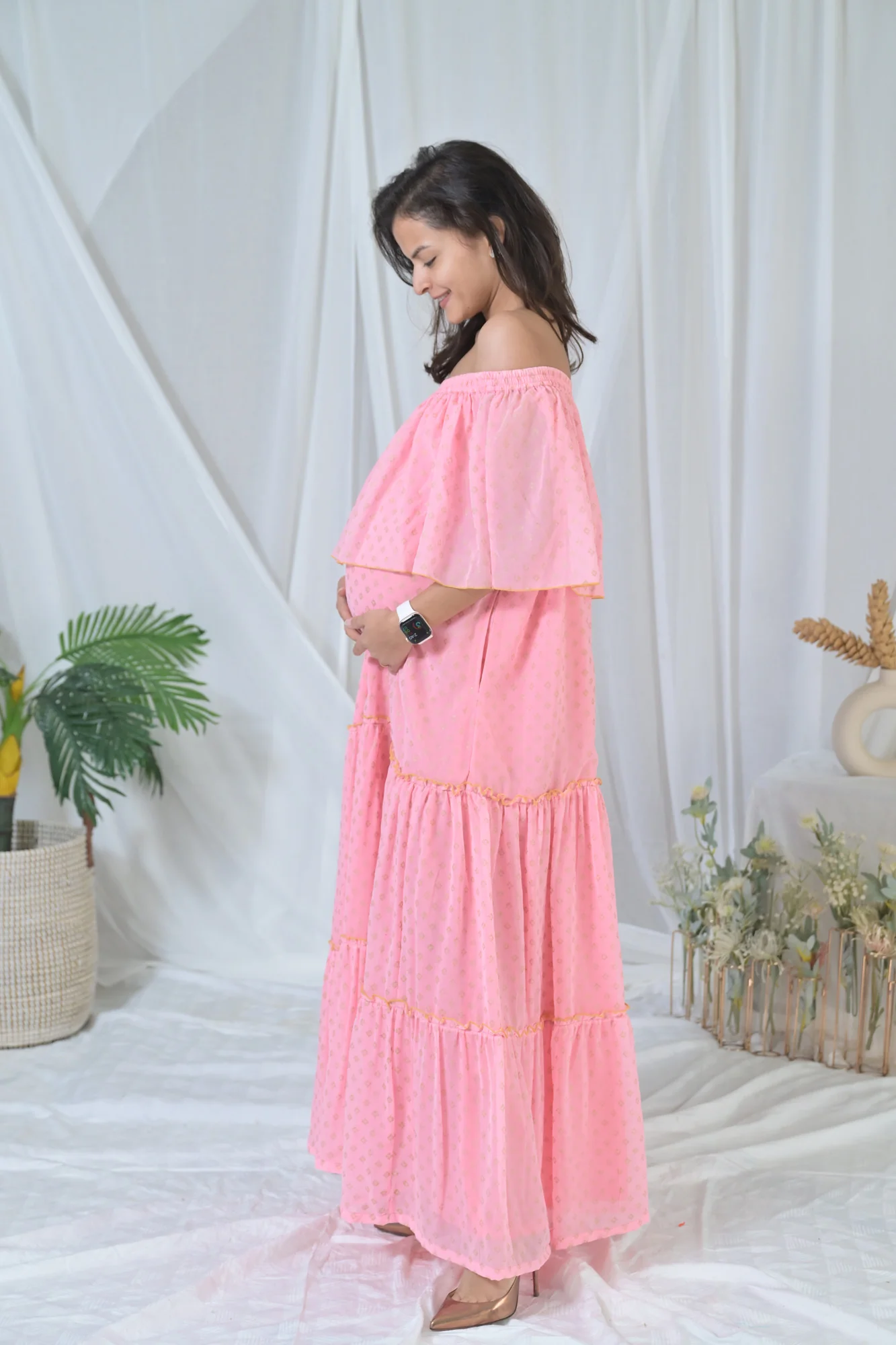 Elegant Peach Love Off-Shoulder Maternity Maxi Dress - Chenance